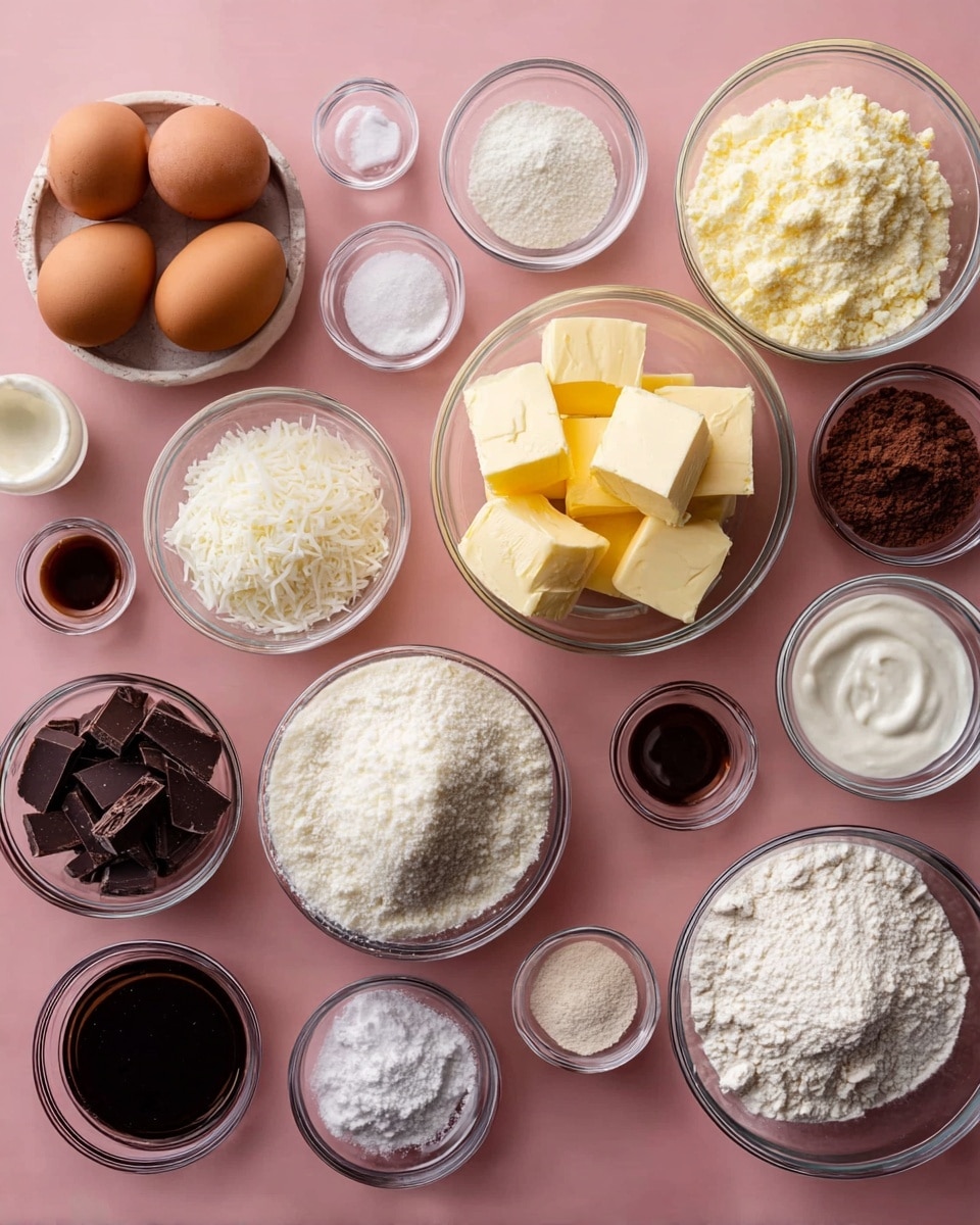 The image shows multiple clear glass bowls placed on a soft pink surface, each filled with different baking ingredients. There are two whole brown eggs at the top left, surrounded by small bowls with white powders. Two larger bowls hold pale yellow cubes of butter, and one medium bowl contains a mound of white flour. A smaller bowl is filled with white shredded coconut next to a bowl of dark chocolate pieces. There are also bowls of white granulated sugar, a creamy white mixture, and a smaller bowl with a lighter cream. Two small bowls contain dark liquid, likely vanilla extract, and two tiny bowls hold dark brown and white powders, possibly cocoa and salt. All ingredients have clear textures and vibrant colors contrasting with the soft pink background. photo taken with an iphone --ar 4:5 --v 7