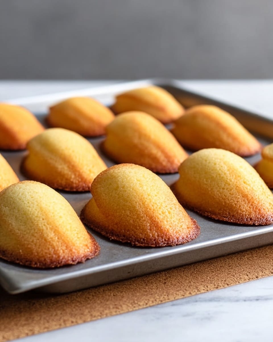 The image shows a metal baking tray filled with twelve golden brown madeleine cakes, each with a slightly domed top, arranged in four rows of three. The tray is resting on a cork mat placed on a white marbled surface, and the background is a simple soft gray color. The madeleines have a smooth texture on top with slightly darker edges that suggest they are baked lightly crispy. The photo has soft natural lighting, highlighting the warm tones of the cakes. photo taken with an iphone --ar 4:5 --v 7