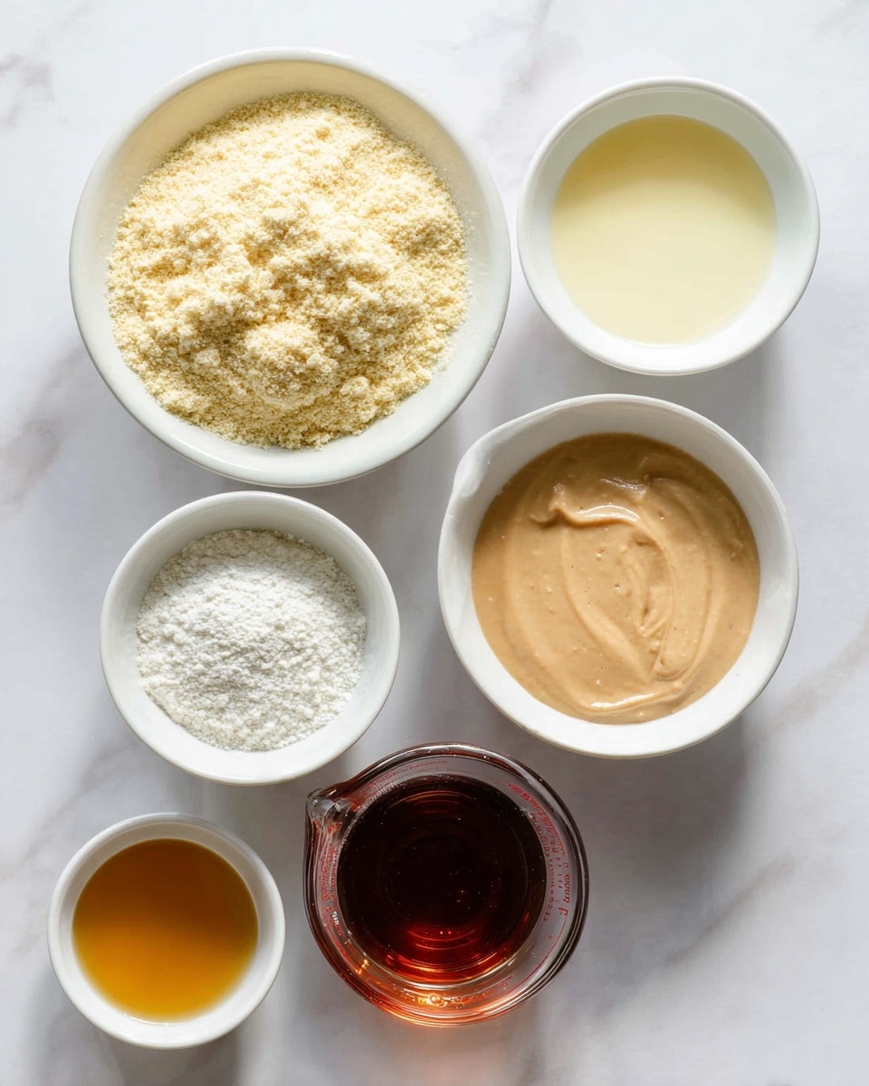 This image shows six white bowls and a glass measuring cup arranged on a white marbled surface. The largest bowl on the top left is filled with a light yellow powder that looks crumbly. Next to it on the right is a bowl with a pale yellow liquid. Below the large bowl is a smaller white bowl with a fine white powder. To the right of this is another white bowl filled with a smooth, light brown creamy mixture. At the bottom left corner is a tiny bowl holding a small amount of golden-yellow liquid. The glass measuring cup at the bottom center contains a dark amber liquid. photo taken with an iphone --ar 4:5 --v 7