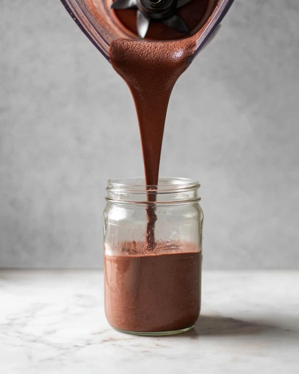 A transparent glass jar filled almost to the top with smooth, thick, dark brown chocolate mixture is placed on a white marbled surface. Above the jar, a blender container is tilted slightly as the same chocolate mixture flows down in a steady stream into the jar, showing a dense, creamy texture inside the blender. The blender container has dark blades visible through the thick chocolate, and the background is a soft gray with a slightly rough texture. photo taken with an iphone --ar 4:5 --v 7
