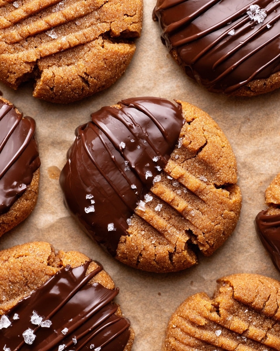 A close-up view of several round peanut butter cookies with a crumbly, textured light brown surface. Each cookie has a pattern of fork marks pressed on top, adding detail. Half of each cookie is covered with a smooth, thick layer of dark, shiny chocolate, some with a few thin lines of chocolate drizzled on. Small grains of salt are sprinkled over both the chocolate and the cookie surface, adding a slight sparkle. The cookies lie on a light brown parchment paper background. photo taken with an iphone --ar 4:5 --v 7