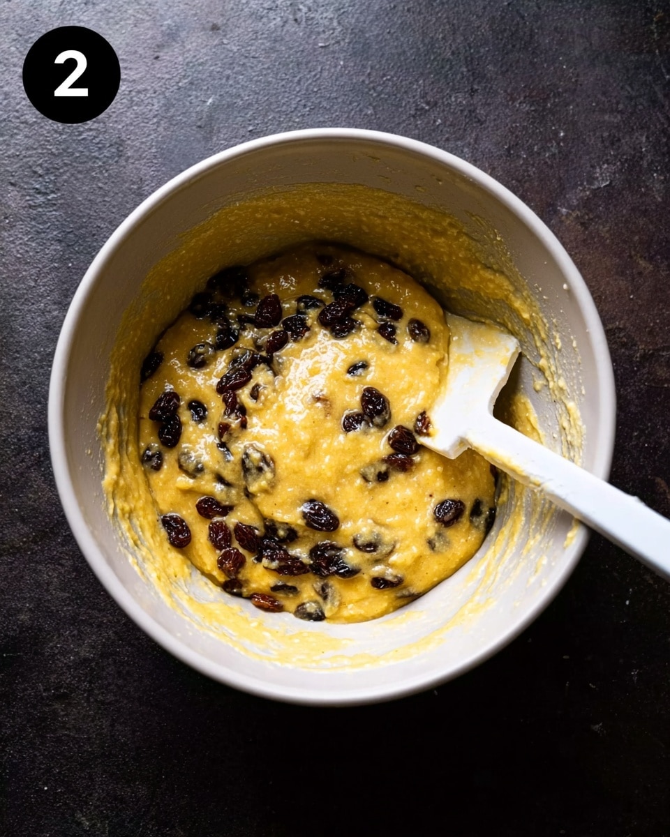 A white bowl sits on a dark surface, filled with a thick yellow batter mixed with scattered dark brown raisins, creating a textured contrast. The batter looks smooth and sticky, with some glossy spots where light hits. A clear spatula with a white blade rests inside the bowl on the right side, partially covered in the batter. The inside of the bowl has some smeared batter marks, showing the mixing process. There is a black number
