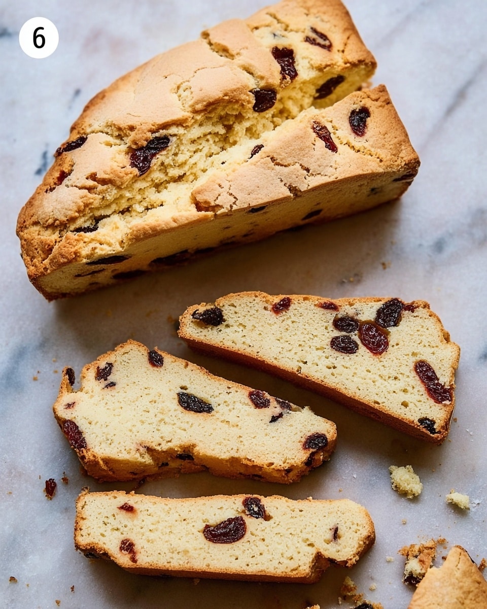 The image shows a golden-baked loaf of bread with dark, dried fruit pieces mixed inside. The loaf is partly sliced with one thick slice fully cut and laid flat beside it. Several thinner slices lie nearby, showing a soft and slightly crumbly texture with visible dried fruit chunks. The bread has a light brown crust with cracks and a pale yellow crumb inside. The background is a white marbled texture with some bread crumbs scattered around. Photo taken with an iphone --ar 4:5 --v 7