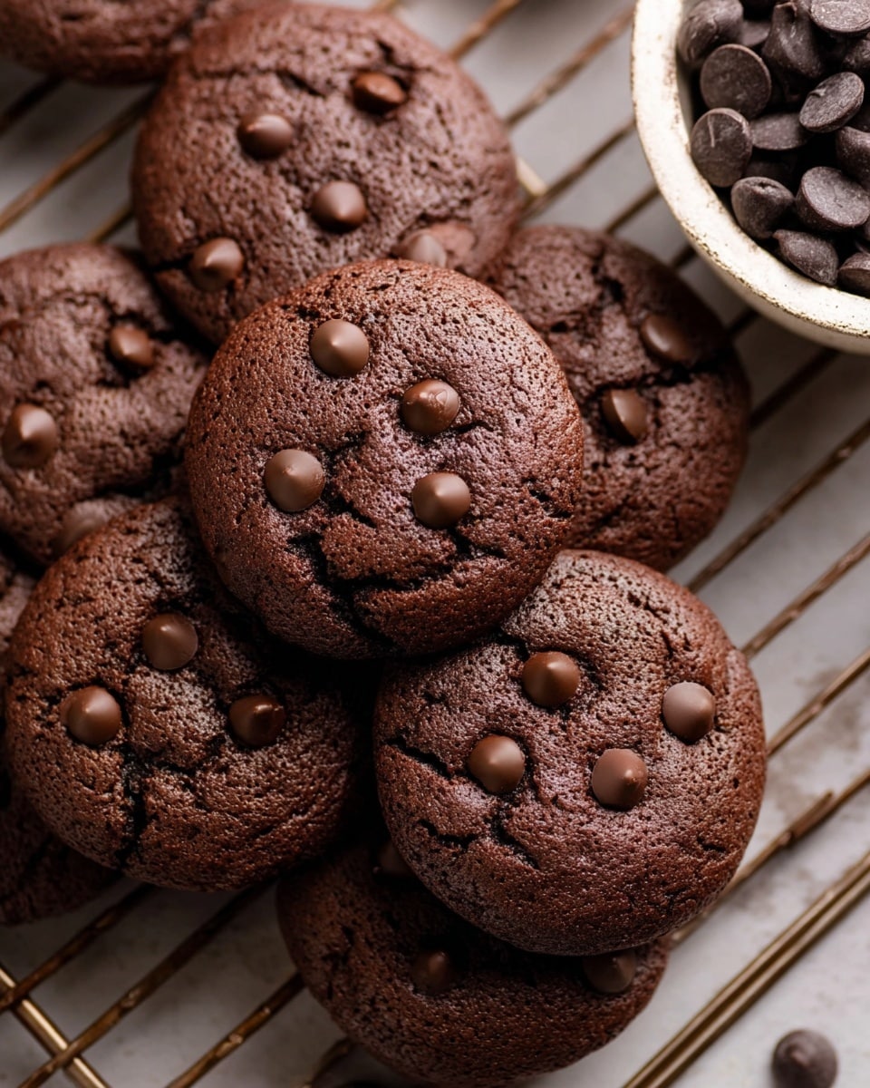 A group of round, dark brown chocolate cookies with a soft texture sit closely together on a wire cooling rack. Each cookie is topped with several shiny, smooth chocolate chips scattered across the surface, creating a slightly raised texture. In the upper right corner, a white wooden bowl filled with more chocolate chips is partially visible, resting on a white marbled surface. The warm lighting highlights the rich chocolate color and the slight cracks on the cookies. photo taken with an iphone --ar 4:5 --v 7