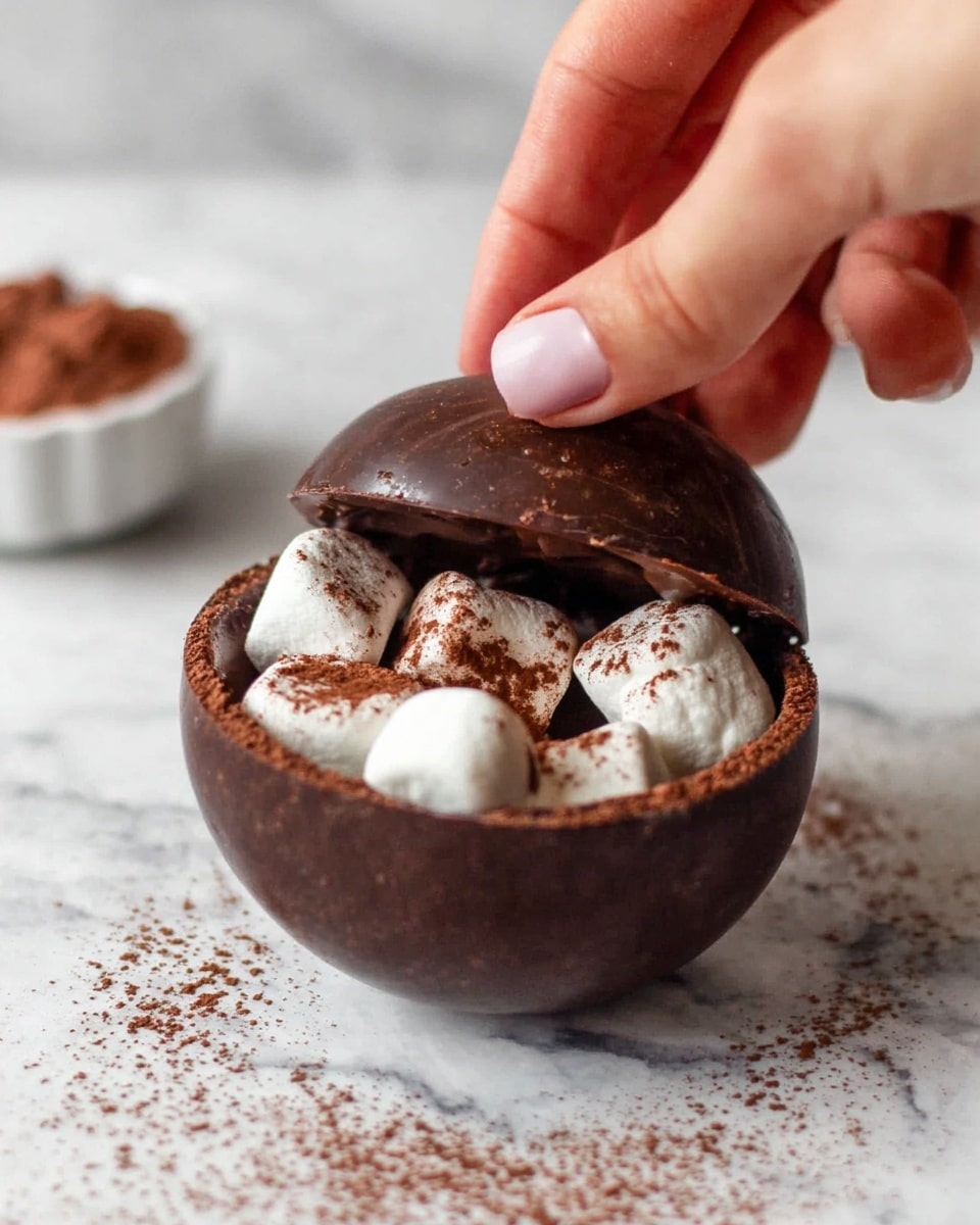 A round dark chocolate bowl is open with a woman's hand lifting the top half, revealing a inside layer with several white marshmallows dusted with brown cocoa powder. The chocolate bowl has a smooth and glossy texture, while the marshmallows are soft and fluffy. The background is a white marbled texture with a small white dish with more cocoa powder blurred in the back. Photo taken with an iphone --ar 4:5 --v 7