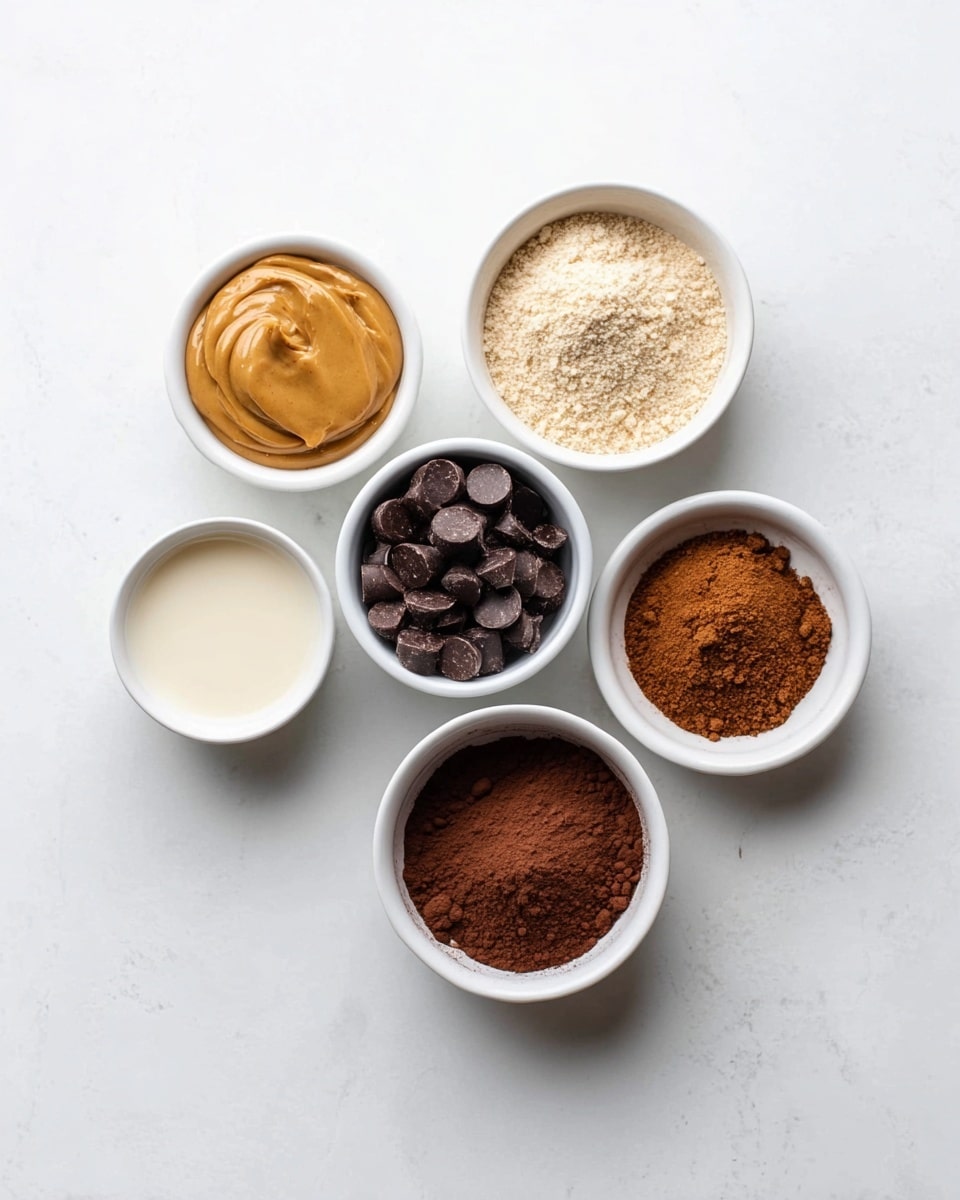 Six small white bowls are arranged on a white marbled surface in a loose circle shape. Starting from the top right and moving clockwise, the first bowl holds a smooth golden brown peanut butter. Next, a bowl filled with a light beige powder, which looks like almond flour. Below it is a bowl with a dark brown cinnamon or spice powder. At the bottom left, a bowl contains a creamy off-white liquid, likely a milk or cream. Moving up, a bowl with shiny dark chocolate chips rests in the center and finally, a bowl with rich dark brown cocoa powder is on the top left. The overall look is clean and minimal with a focus on the ingredients. Photo taken with an iphone --ar 4:5 --v 7