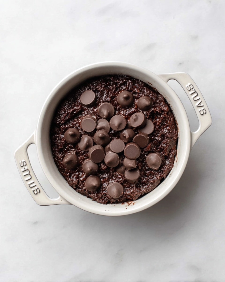 A round white ceramic pot holds a dark, thick, rich chocolate mixture with a rough texture, almost like soft cake batter. On top of the mixture are large, smooth, round chocolate chips scattered around, some slightly pressed into the batter. The pot has two handles on opposite sides and the word “STAUB” embossed on each handle. The pot sits on a white marbled surface, and the photo is taken from above, showing the full circle of the pot and its content clearly. photo taken with an iphone --ar 4:5 --v 7