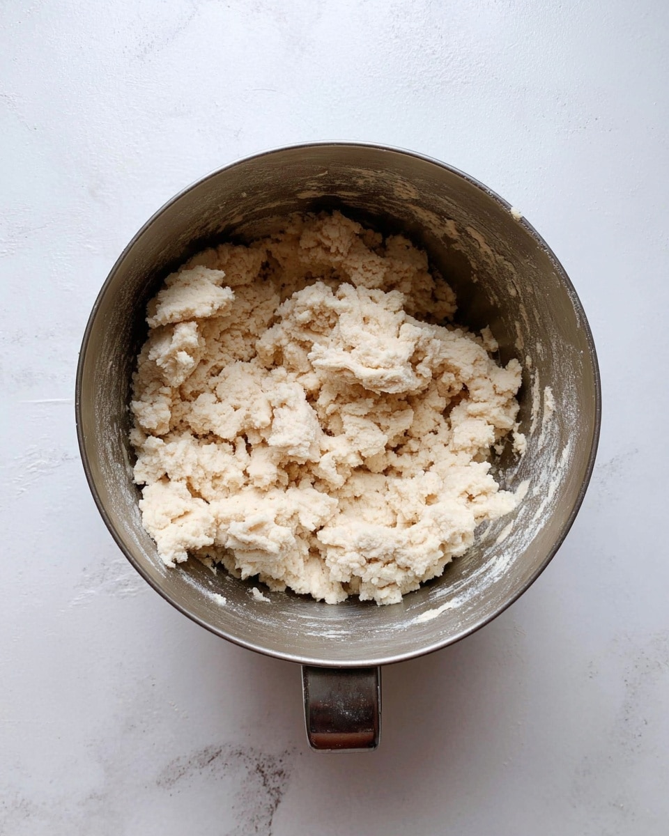 There is a metal mixing bowl filled with pale beige dough that looks crumbly and thick. The dough is piled loosely inside the bowl, which has a handle on the right side. The bowl sits on a white marbled surface, and the photo is taken from above, showing the texture and uneven clumps of dough clearly. photo taken with an iphone --ar 4:5 --v 7