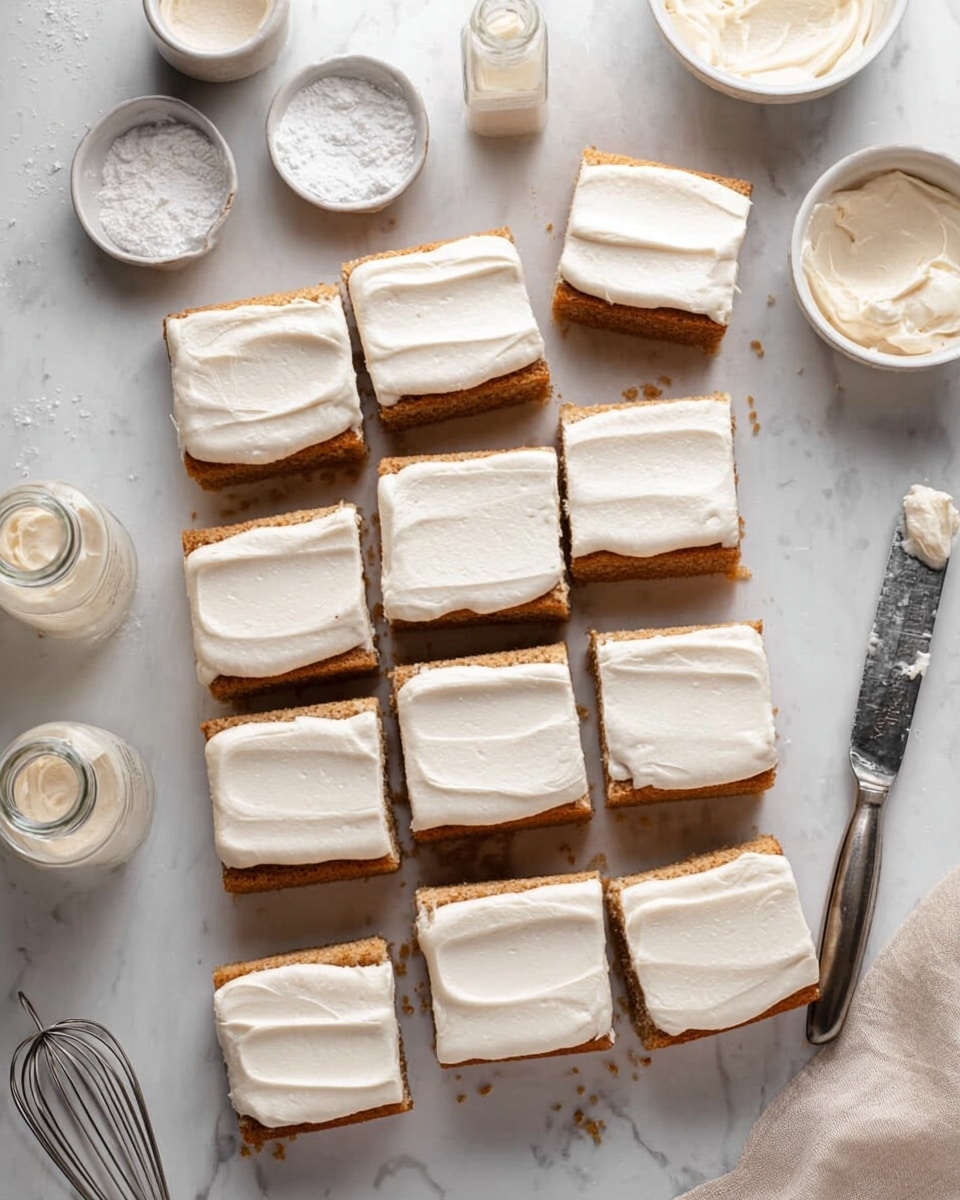 The image shows sixteen rectangular pieces of a light brown cake with a thick even layer of white frosting spread smoothly on top of each piece. The cake pieces are arranged in three neat rows on a white marbled surface. Around the cake pieces, there are small bowls with white frosting and white powder, a metal whisk, a small glass bottle with a light liquid, and a butter knife with some frosting on it. The overall scene looks clean and bright, focusing on the soft texture of the cake and creamy frosting photo taken with an iphone --ar 4:5 --v 7