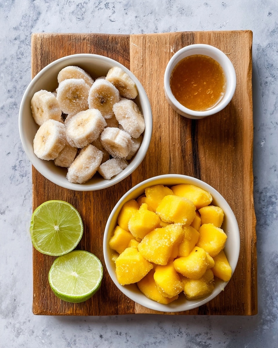 The image shows three white bowls arranged on a wooden board with a white marbled texture beneath. The top left bowl is filled with frozen banana slices coated with frost, showing a light cream and beige color with a soft, icy texture. The bottom right bowl holds bright yellow frozen mango chunks covered with frost, giving a solid yet slightly rough texture. To the top right, a small white bowl contains amber-colored syrup with a smooth, reflective surface. Two halves of a lime with light green flesh are placed on the board’s bottom left. The overall scene has a clean, natural look with a rustic wooden board and a simple arrangement of the frozen fruits and syrup. photo taken with an iphone --ar 4:5 --v 7