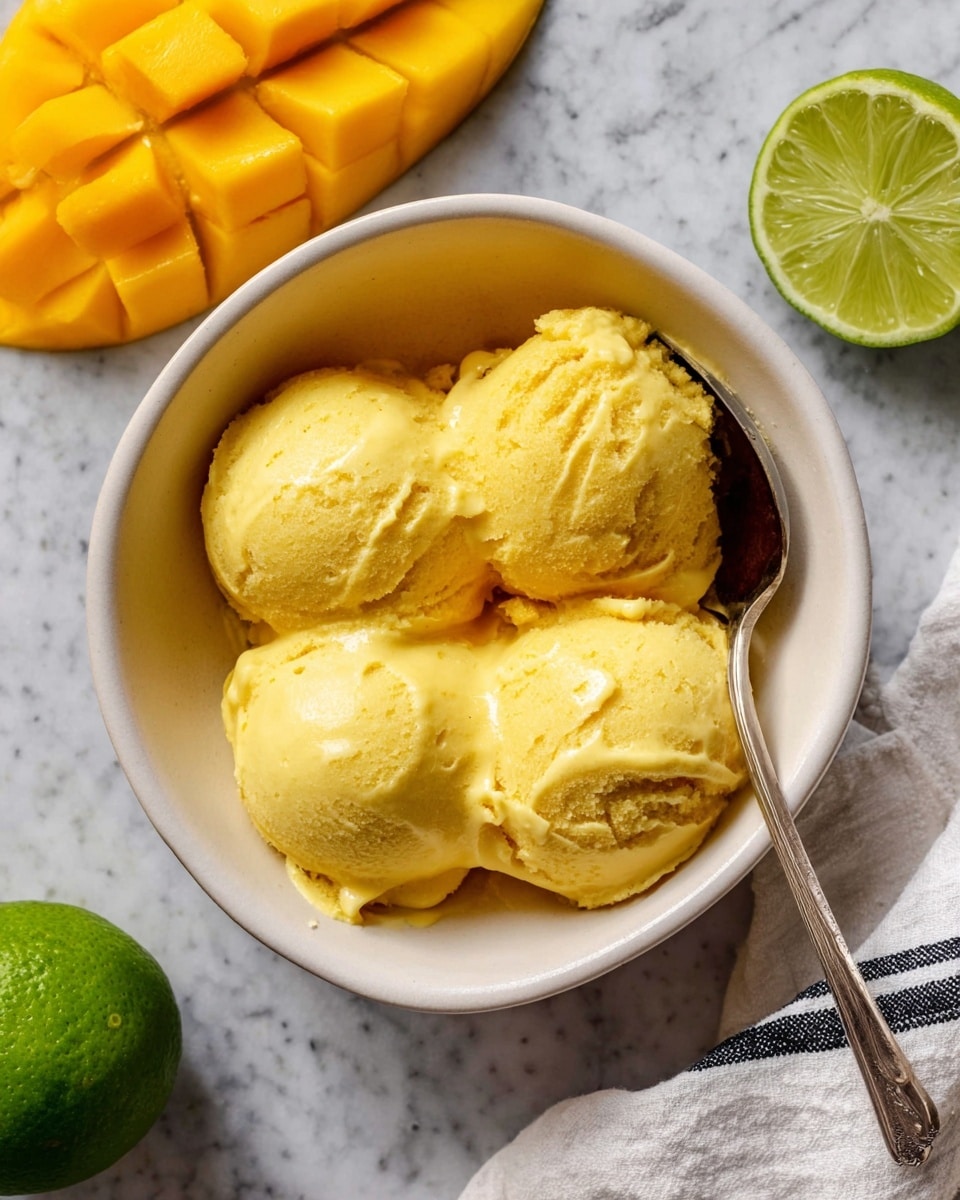 A bowl holds four scoops of smooth mango sorbet with a creamy texture and bright yellow color. The sorbet is softly rounded and slightly melting, showing some gentle ridges from the spoon. A silver spoon rests inside the bowl on the right side, partly buried in the sorbet. The bowl is white and sits on a white marbled surface with a sliced, bright yellow mango arranged in a grid pattern on the top left and a halved lime on the right side. A green whole lime is visible at the bottom left and a white cloth with black stripes is placed near the bottom right corner. The photo taken with an iphone --ar 4:5 --v 7