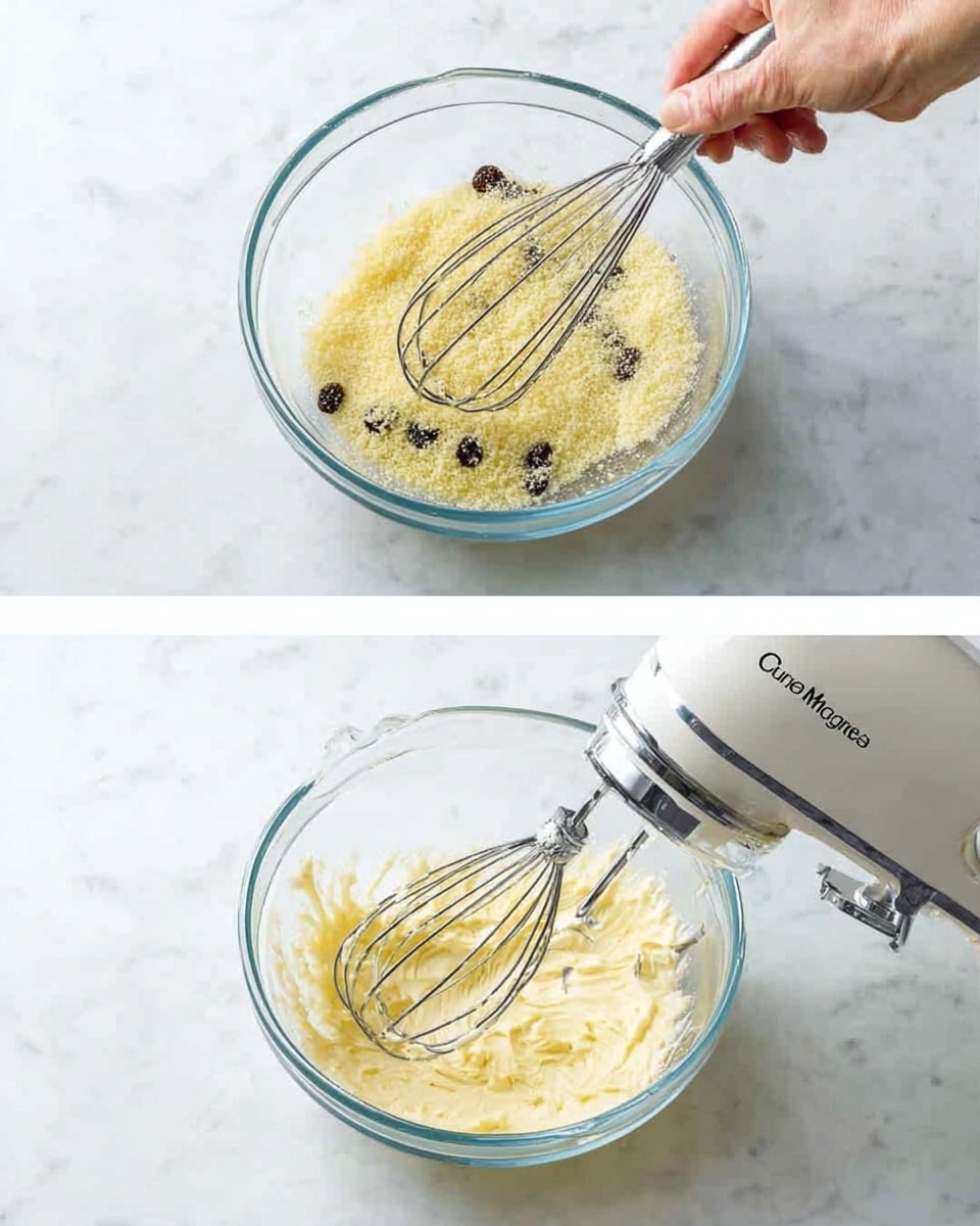 The first image shows a clear glass bowl on a white marbled surface, filled with a crumbly yellow mixture that has dark raisins scattered throughout. A woman's hand is holding a whisk, mixing the contents gently. The second image shows a white Cuisinart electric mixer with metal beaters inside a clear glass bowl on the same white marbled surface. The mixture inside the bowl is thick and pale yellow, being whipped by the mixer. photo taken with an iphone --ar 4:5 --v 7