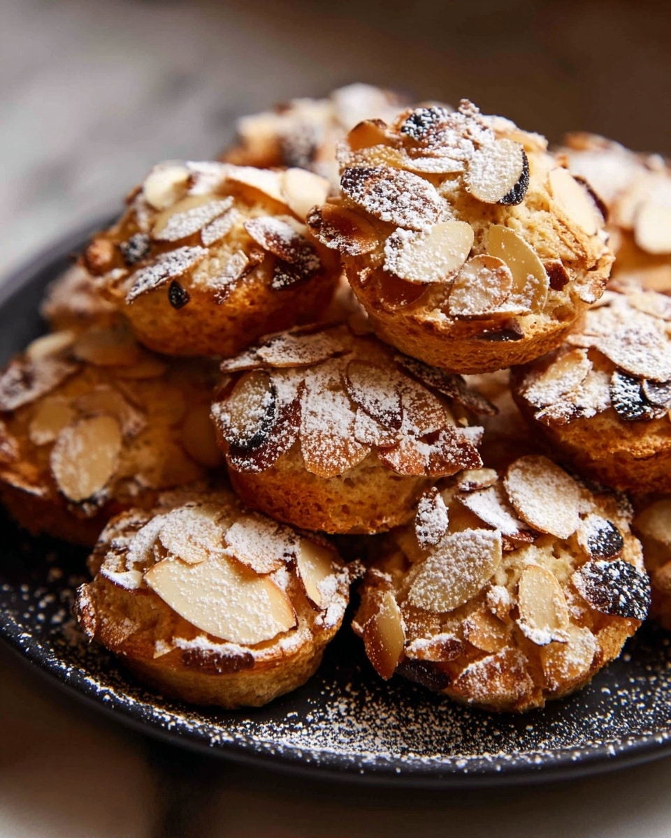 A pile of small, round pastries is shown on a dark plate, each pastry covered in thin, toasted almond slices that create a rough, textured surface. The pastries have a golden brown color with slightly darker edges, and they are dusted lightly with white powdered sugar. The background is a white marbled texture. photo taken with an iphone --ar 4:5 --v 7