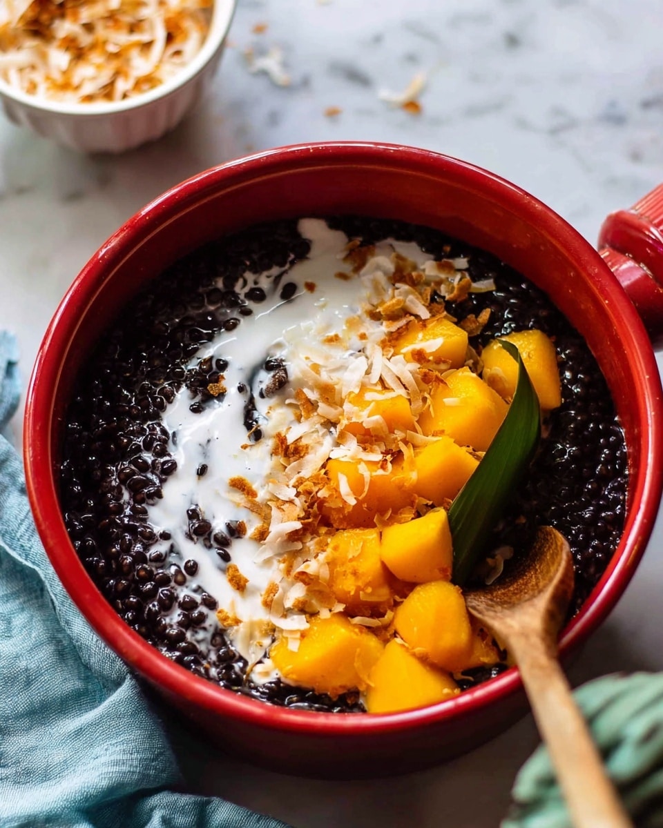 A red pot sits on a white marbled surface filled with small, shiny, dark black tapioca pearls as the bottom layer. On top of this is a layer of white coconut cream swirled thinly over the pearls. Bright orange chunks of mango are spread on the coconut cream in the middle, and toasted coconut flakes with golden brown edges are scattered over the mango pieces. A green pandan leaf lays across the top on one side. A wooden spoon stirs the mixture on the right side of the pot, and a woman's hand holds the pot handle wrapped in a pale blue cloth on the left side. In the blurry background, a white bowl of toasted coconut flakes sits on the same white marbled surface. photo taken with an iphone --ar 4:5 --v 7