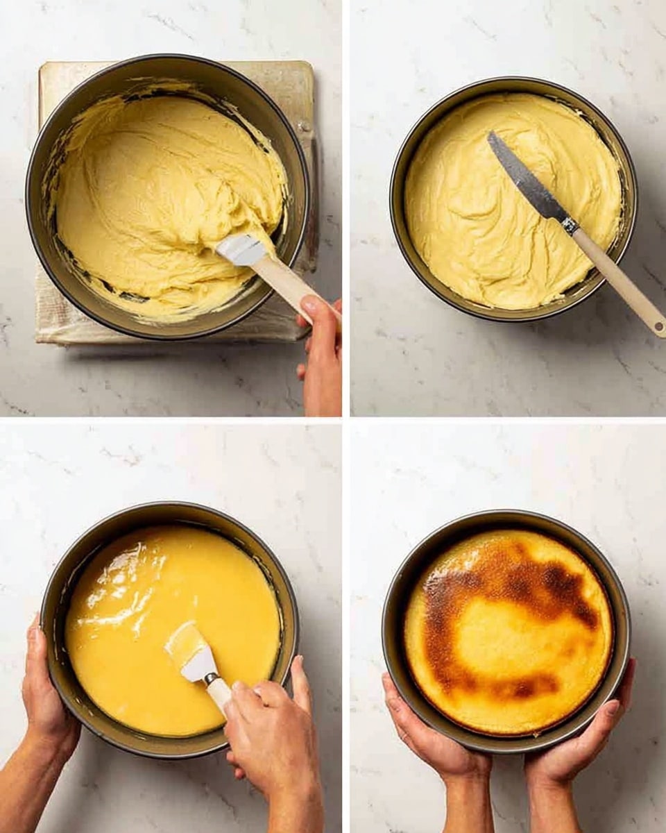 The images show four steps in making a cake on a white marbled surface. In the first step, a woman's hand holds a spatula lifting thick yellow cake batter above a black round pan filled with batter. In the second step, a woman's hands hold the black cake pan and a knife spreads a smooth, light yellow layer of batter evenly in the pan. In the third step, a woman's hand uses a brush to spread a thick shiny orange glaze on top of the cooked cake layer inside the black pan. In the final step, two hands hold the black pan containing a finished cake with a top layer that is golden brown with some darker spots, showing a baked texture. Photo taken with an iphone --ar 4:5 --v 7