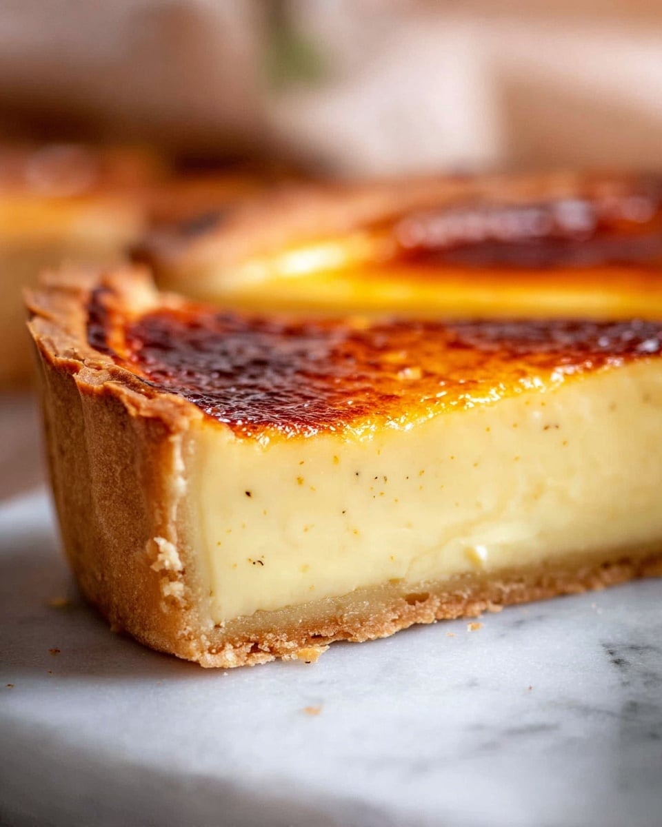 A close-up image of a creamy custard tart slice with two distinct layers, the bottom layer is a thick, smooth, pale yellow custard filling with a velvety texture showing tiny black specks, while the top layer is a thin, caramelized golden brown surface that appears slightly glossy and baked to a perfect finish. The base is a crisp, flaky light brown pastry crust that holds the custard, with visible cracks and a crumbly texture around the edges. The tart slice sits on a white marbled surface, and a blurred background gives a soft, warm atmosphere. photo taken with an iphone --ar 4:5 --v 7