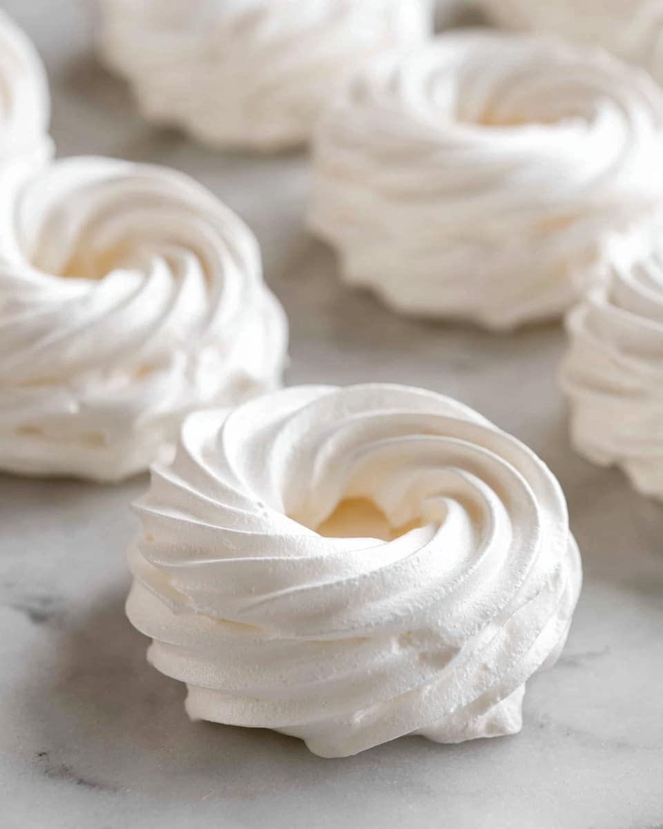 The image shows several white meringue nests arranged on a white marbled surface. Each nest is made of smooth, swirling layers of glossy, white meringue, shaped into a circular ring with a hollow center. The texture looks light and airy with soft peaks and gentle ridges that give a delicate, whipped appearance. The focus is on the front nests, with more slightly blurry nests in the background, all having the same crisp white color and smooth texture. photo taken with an iphone --ar 4:5 --v 7