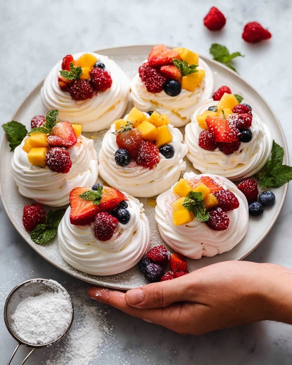 A white plate holds eight small pavlova nests arranged in two rows, each with three in the back and five in the front. Each pavlova has a crisp white meringue base with swirled texture, topped with a smooth white cream layer. On top, vibrant fresh fruit adds color: red strawberries, bright yellow mango chunks, deep blue blueberries, and red raspberries. Some pavlovas have a small green mint leaf as garnish. Around the plate, extra berries and mint leaves are scattered, lightly dusted with powdered sugar. A woman's hand is gently holding the plate from the side. The plate rests on a white marbled surface with a small metal sieve filled with powdered sugar nearby. photo taken with an iphone --ar 4:5 --v 7