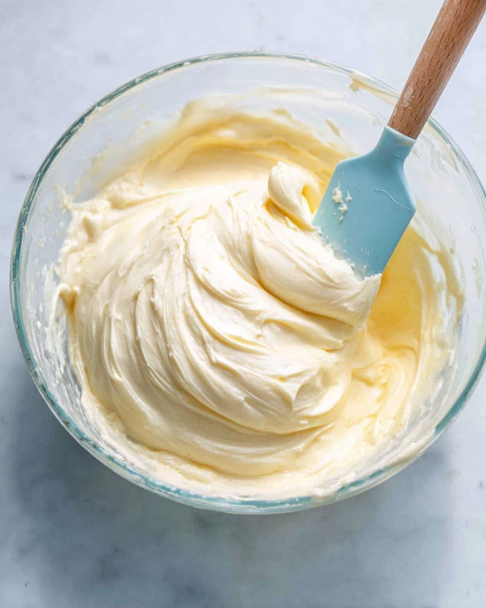 A close-up image of a clear glass bowl filled with a thick, creamy mixture that is light yellow in color with a smooth and fluffy texture. A spatula with a wooden handle and light blue silicone head is partially dipped into the mixture, resting on the right side of the bowl. The bowl is placed on a white marbled surface, showing the creamy mixture swirling slightly, giving a soft and airy look. Photo taken with an iphone --ar 4:5 --v 7