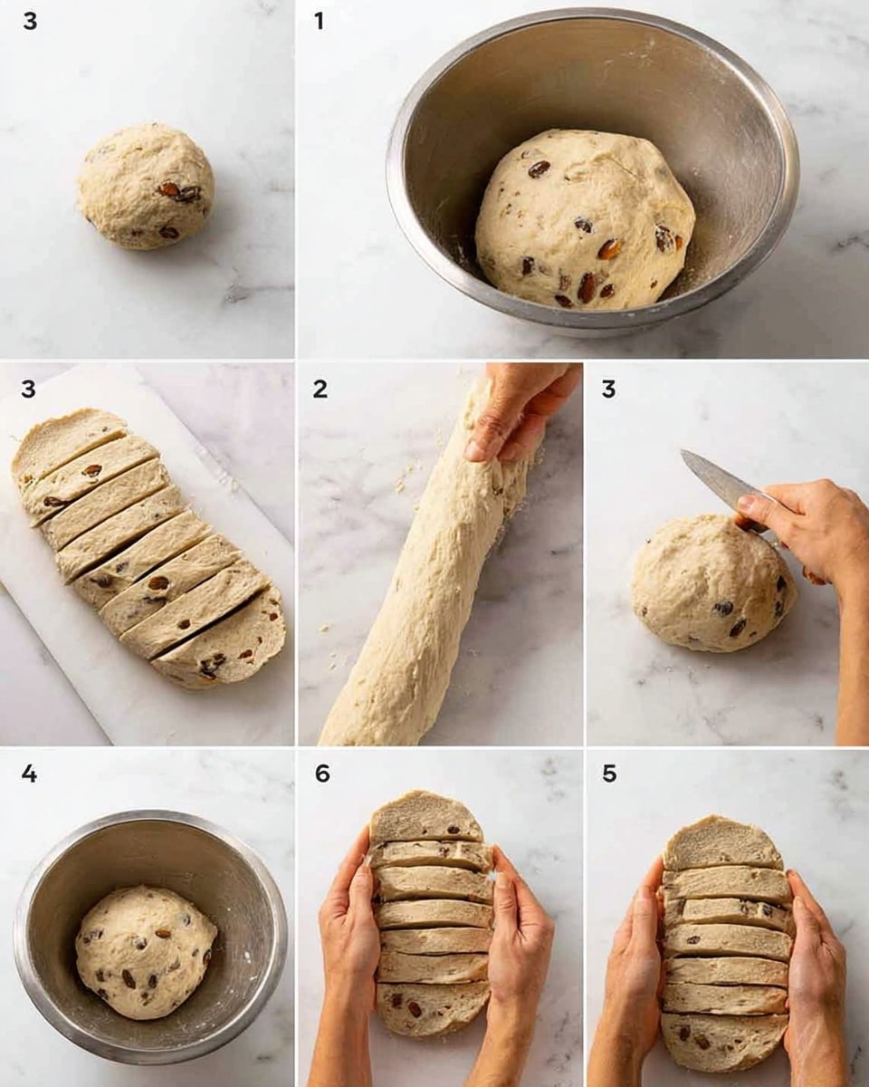 The image shows eight steps of making dough with raisins on a white marbled surface. The first layer is a small, rough ball of dough with raisins inside, sitting in a metal mixing bowl. The second layer shows the dough risen and larger in the bowl, with a smooth top. The third layer features two woman's hands holding a long, thick roll of dough spread across the white marbled surface. The fourth layer depicts the dough roll sliced into many thick, even pieces with a knife held by a woman's hand. The fifth layer displays a woman's two hands holding one slice of dough, flattened and showing raisins inside. The sixth layer shows a woman's hand pinching together the edges of a dough ball from above. The seventh layer captures the dough ball held carefully in a woman's two hands from the side, rounded and smooth. The eighth layer zooms in on the dough ball, held gently in a woman's two hands from above, smooth and round with raisins visible inside. photo taken with an iphone --ar 4:5 --v 7