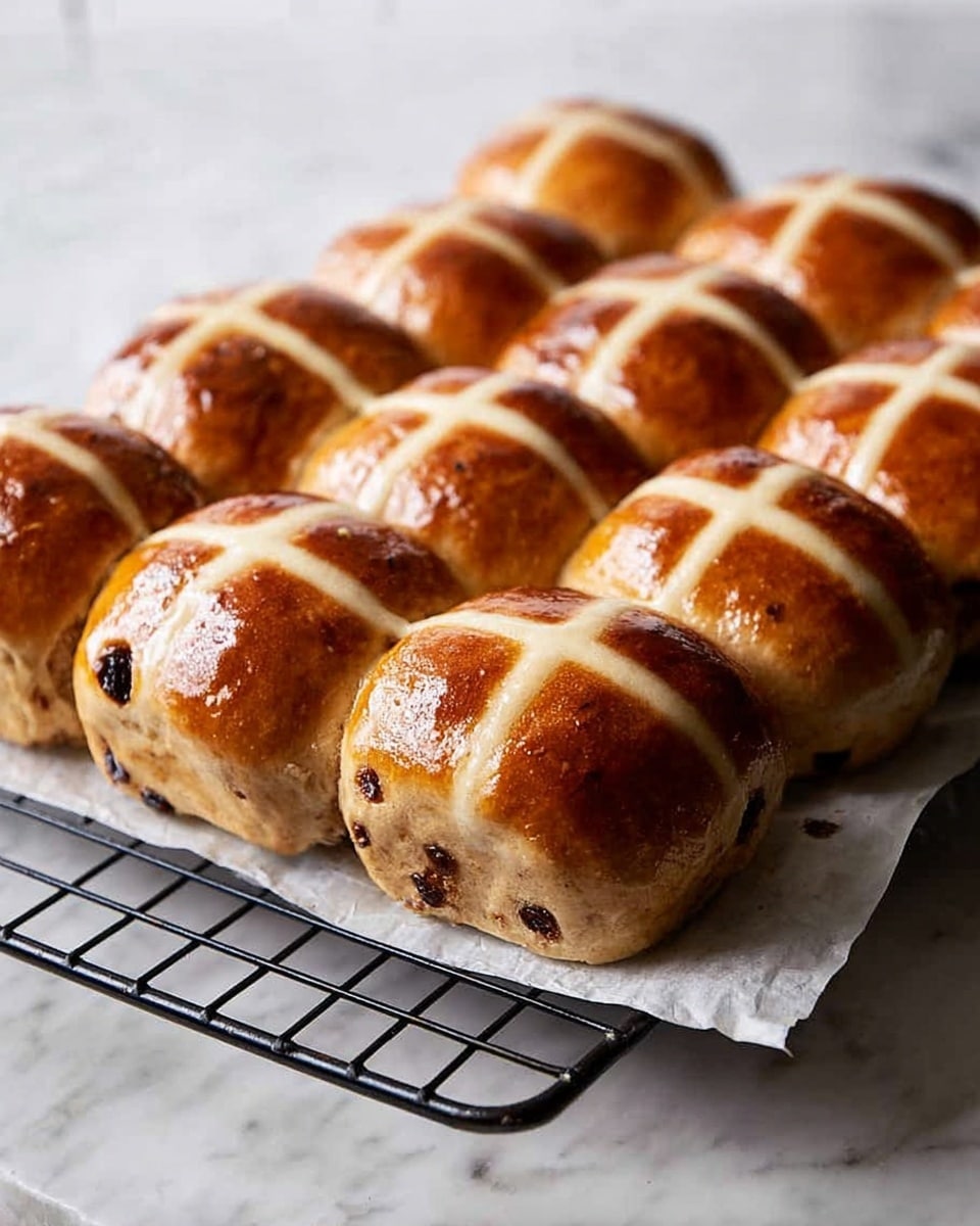 The image shows a close-up of a batch of nine golden-brown hot cross buns arranged in three rows on a black cooling rack. Each bun has a smooth, shiny surface with a slightly darker crust and is marked with a white cross made of dough on top. The buns are touching each other and have a soft, rounded shape, with some showing small dark spots where dried fruit is baked inside. A piece of white parchment paper lies under the buns, slightly wrinkled, and the cooling rack is placed on a white marbled surface. The light highlights the buns’ glossy texture, giving a warm and fresh look. photo taken with an iphone --ar 4:5 --v 7