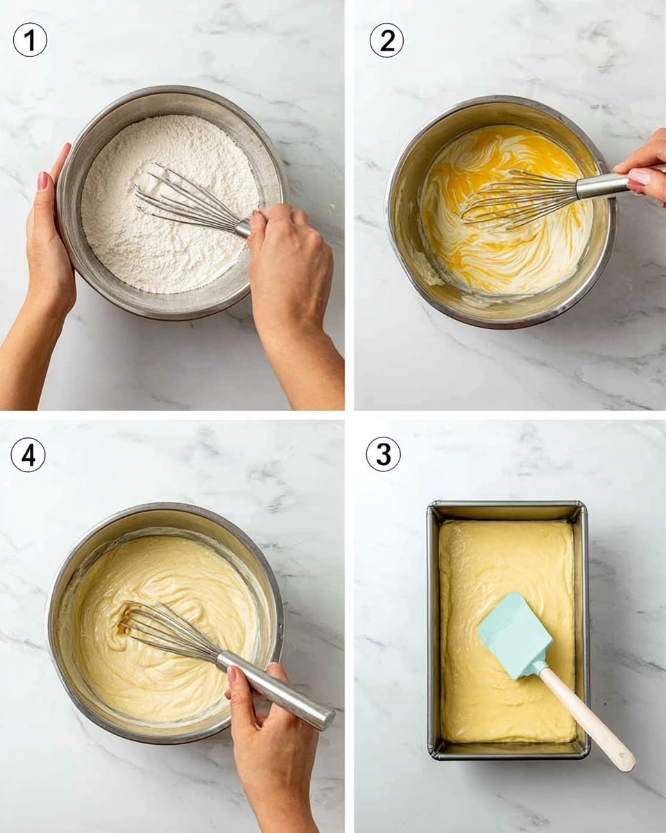 A set of four images shows the steps of making batter in a silver metal bowl and putting it in a baking pan. In the first image, a woman's hand holds the edge of a silver bowl with dry flour inside and a whisk resting in the bowl, on a white marbled surface. The second image shows the same silver bowl with the woman's hand whisking a mix of eggs and other wet ingredients, yellow and white in color. The third image shows the woman stirring a thicker, creamy batter that is pale yellow with some white streaks in the silver bowl. In the last image, a woman's hand holds the side of a rectangular baking pan lined with parchment paper filled with the light yellow batter, with a pale blue spatula smoothing the surface on the white marbled background. photo taken with an iphone --ar 4:5 --v 7
