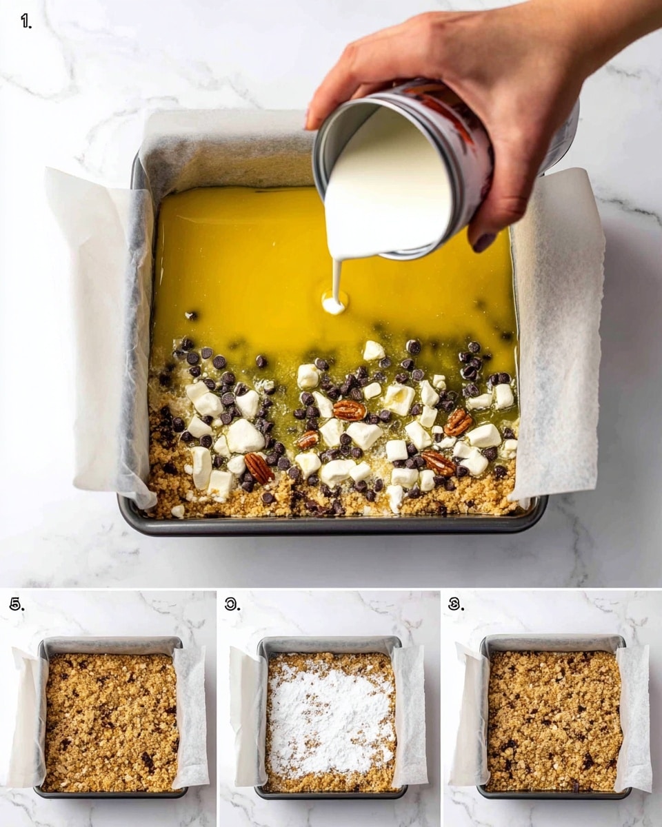 A white square baking pan lined with parchment paper sits on a white marbled background. The first layer is melted butter, yellow and shiny, spread evenly across the base. On top of this is a green layer of melted marshmallows mixed with butter, soft and sticky. The third layer is a crumbled, light brown mixture, probably graham cracker crumbs, covering the marshmallow layer partially. The fourth layer is a thick even coat of white sugar being poured on top. In the fifth image, a woman's hand spreads chocolate chips and small beige nuts evenly over the sugar, creating a speckled look of dark brown and tan on white. The sixth layer shows a thick white liquid being poured from a can onto the chocolate chip and nut layer. The seventh image has the chocolate chips and nuts re-scattered on the white liquid for more even coverage. The final image shows the baked dessert, golden brown with melted chocolate chips and toasted nuts on top, held with oven mitts, all against the white marbled surface. photo taken with an iphone --ar 4:5 --v 7