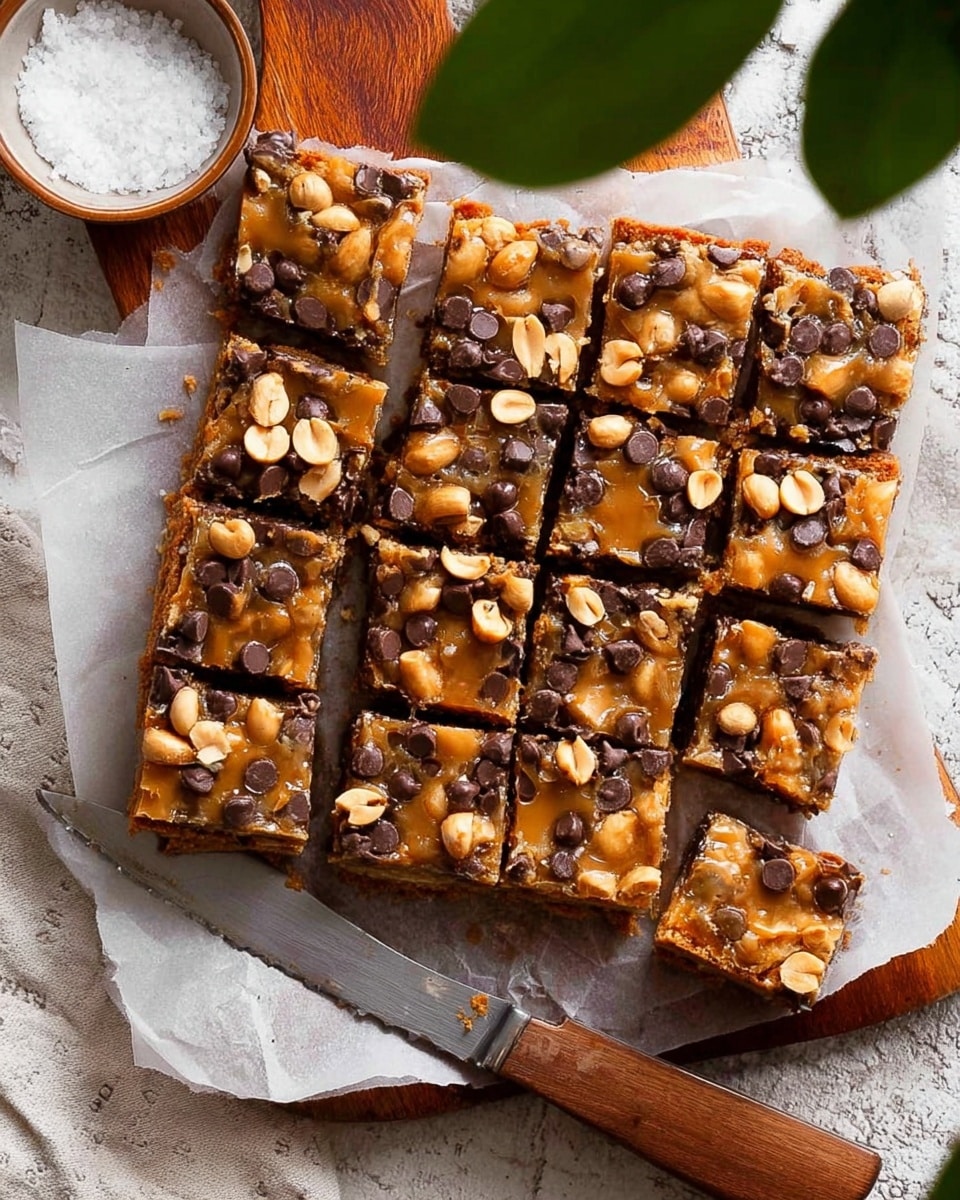 The image shows a square dessert divided into 15 smaller square pieces arranged neatly on white parchment paper. The top layer is light golden brown with a glossy texture, covered with scattered dark chocolate chips and whole light brown peanuts, creating a rough, chunky surface. The dessert appears thick, with visible layers underneath the topping, suggesting a soft, chewy center. It is placed on a wooden board with a knife resting diagonally on the lower left corner of the dessert. There is a small bowl filled with coarse white salt near the top left, and green leaves are visible at the top right. The background features a white marbled texture. Photo taken with an iphone --ar 4:5 --v 7