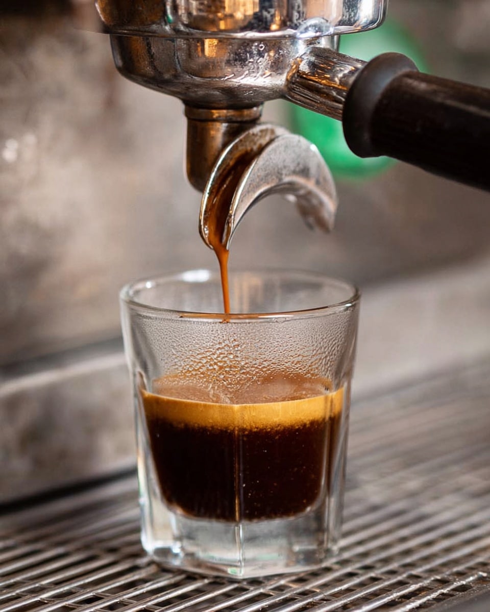 A clear glass cup sits on a metal grid platform with dark espresso pouring from a silver espresso machine spout into it. The espresso forms two distinct layers: a dark brown lower layer and a thin light brown foam layer on top. The glass is slightly foggy with condensation, and the background has blurred parts of the metal espresso machine. The scene rests on a white marbled texture surface. photo taken with an iphone --ar 4:5 --v 7