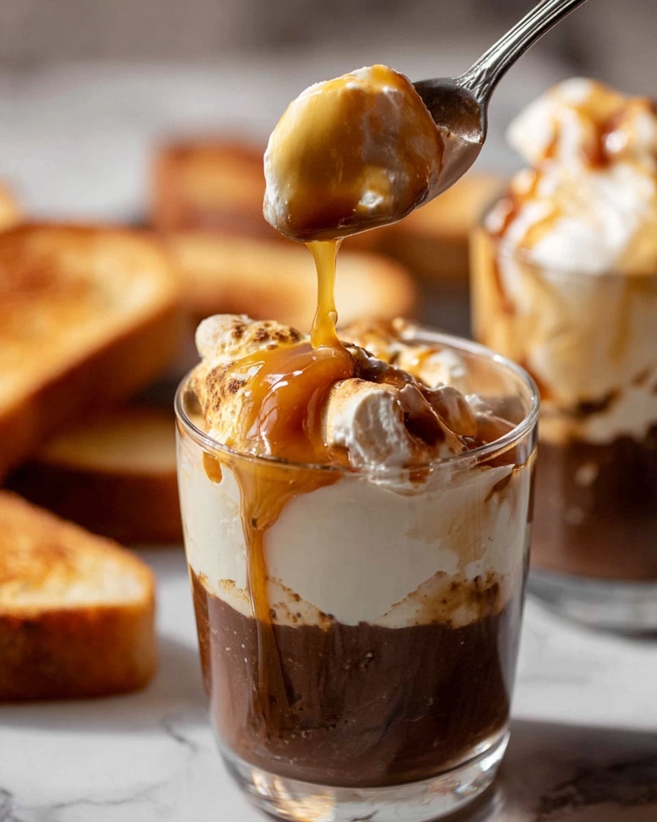 A clear glass holds a dessert with three visible layers; at the bottom is a dark brown coffee layer with a smooth texture, followed by a thick white cream layer in the middle, and a light whipped cream on top with golden caramel sauce drizzled over it. A spoon is lifting a scoop from the top, showing the cream and caramel flowing slightly. In the background, there are slices of toasted bread with a warm golden brown color and a blurred second glass with the same dessert. All of this is set against a white marbled surface. Photo taken with an iphone --ar 4:5 --v 7