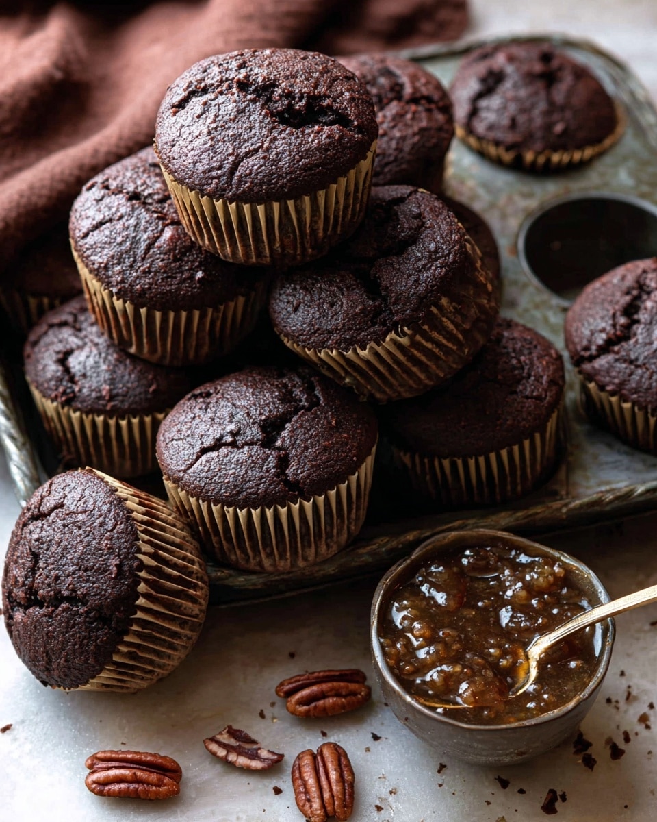 A group of dark brown, rich-looking chocolate muffins sit stacked inside and around a metal muffin tray, each wrapped with light brown paper liners showing vertical ridges. The muffins have soft tops with a slight crumbly texture and deep cracks on the surface. Scattered around the tray and muffins are a few glossy pecan nuts adding contrast. On the top right side of the image, there is a brass spoon filled with brown pecan sauce that looks thick with visible pecan pieces. The whole scene is set on a white marbled textured surface, creating a warm and cozy feel. photo taken with an iphone --ar 4:5 --v 7