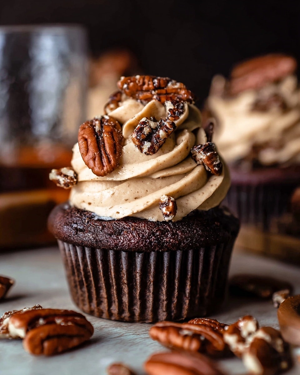 A dark brown chocolate cupcake with a swirl of light tan frosting on top is shown. The cupcake liner is ridged and dark brown. The frosting is thick and creamy, decorated with whole and chopped glossy pecans, some sitting on top of the frosting and some around the base of the cupcake. The background is dark with a blurred glass to the side and a few more cupcakes softly out of focus. The whole scene is set on a surface that appears wooden but should be imagined as white marble texture. photo taken with an iphone --ar 4:5 --v 7