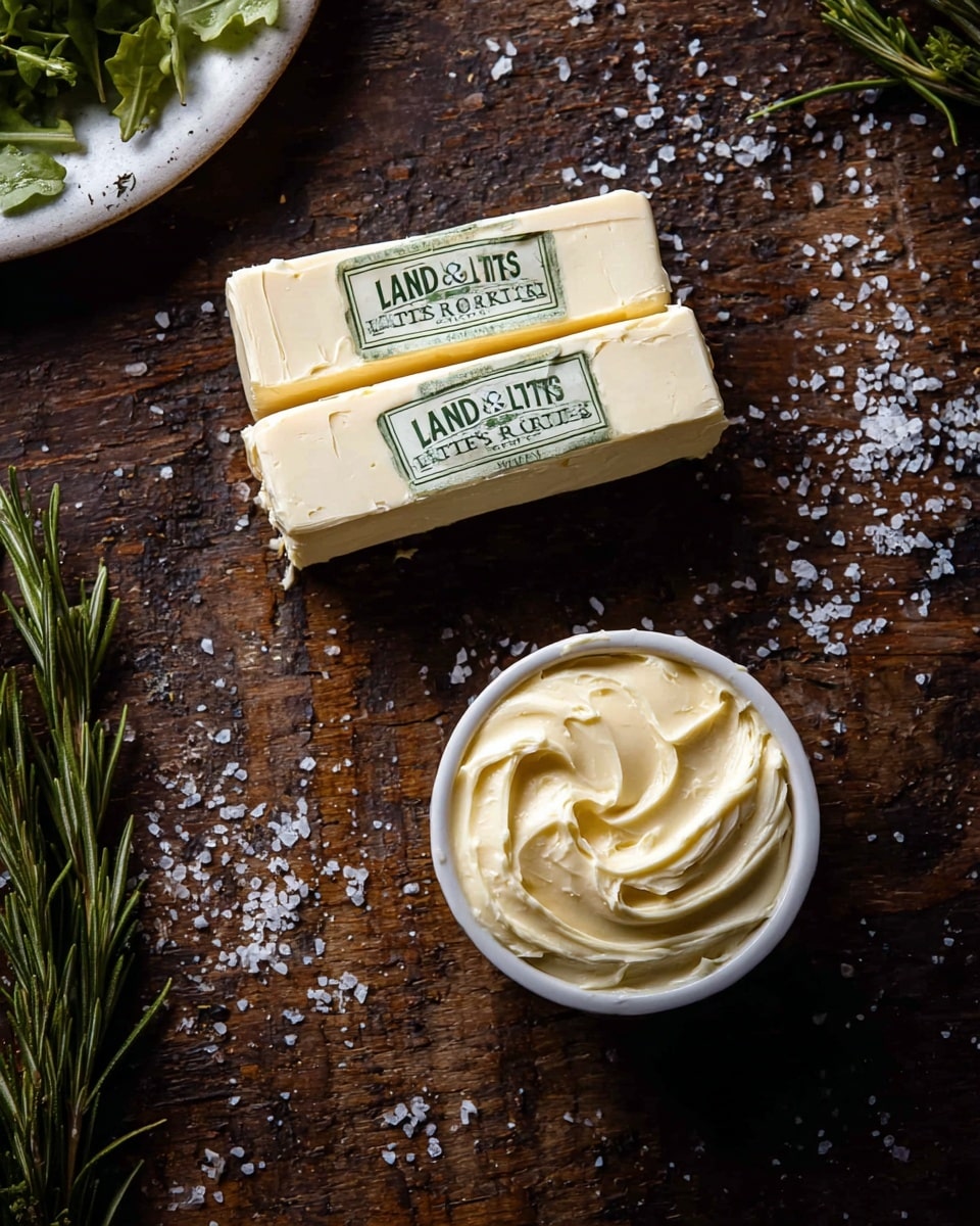 The image shows two wrapped sticks of Land O Lakes salted butter lying on a dark wooden surface with visible grain and some scattered coarse salt crystals. At the bottom right, there is a white bowl or cup filled with a creamy, pale yellow butter spread with smooth, swirled texture. To the bottom left, green rosemary sprigs add a fresh touch to the scene. In the top left corner, part of a white plate with some green leafy herbs is visible. The whole setup has a rustic feel with warm natural lighting. photo taken with an iphone --ar 4:5 --v 7
