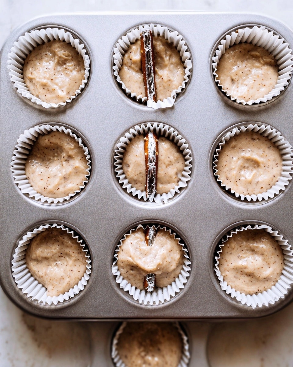 A metal muffin tray with nine cups, each lined with white paper liners filled with light beige batter. In three of the cups, a pretzel stick wrapped in silver foil is placed vertically in the batter, breaking the smooth surface. The batter has a slightly lumpy texture with tiny darker specks spread throughout. The tray is on a white marbled surface. Photo taken with an iphone --ar 4:5 --v 7