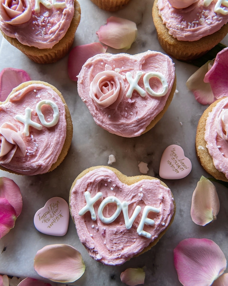 The image shows several heart-shaped cupcakes with a soft tan base. Each cupcake has a thick layer of pink frosting spread on top, with smooth, slightly textured swirls. On top of the frosting, white icing words like