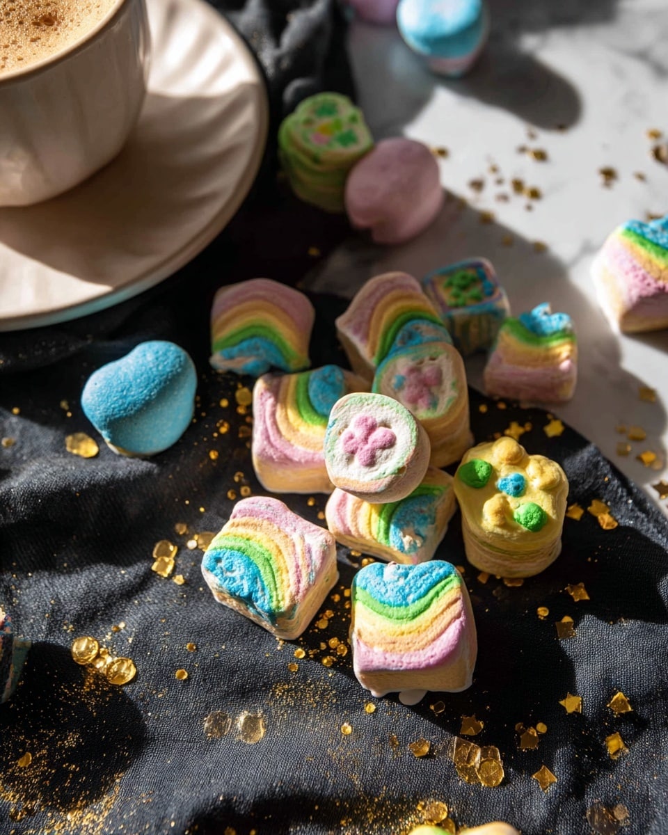 The image shows a close-up of colorful marshmallow shapes scattered on a black fabric surface with small golden star-shaped sprinkles around them. The marshmallows have bright colors like blue, pink, yellow, and green, with some shaped like rainbows and others with solid colors and flower patterns. On the left side, there is a white plate with a cup on it that has a beige tone, and some marshmallows are on this plate as well. The light creates strong shadows and highlights, adding depth to the scene, with the background being a white marbled texture. photo taken with an iphone --ar 4:5 --v 7