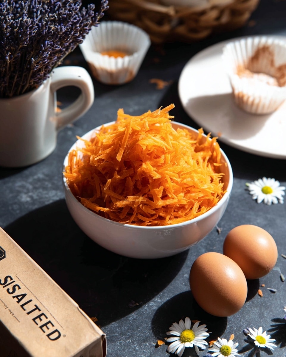 A white bowl filled with a loose pile of bright orange shredded carrots sits in the center of the image on a dark surface. Two brown eggs rest near the bottom right of the bowl. At the bottom left corner, a rectangular package labeled