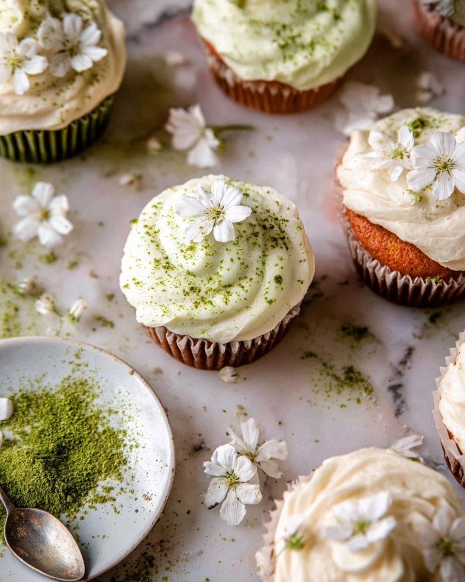 Several cupcakes are placed on a white marbled surface. Each cupcake has one thick layer of light cream-colored frosting swirled on top, sprinkled with green powder. Small white flowers decorate the frosting, some close to the center and some scattered around. The cupcake wrappers are a light brown color. There is a white plate in the bottom left corner with green powder on it, and a spoon is visible. The overall scene is soft and delicate with a mix of cream, green, and white colors. photo taken with an iphone --ar 4:5 --v 7