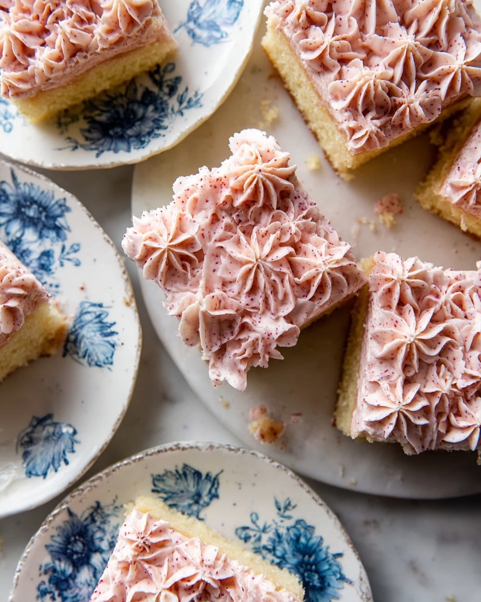The image shows several square pieces of cake with two layers: the base is a light yellow sponge cake, and the top has a thick layer of soft, whipped frosting piped in tight star shapes. The frosting is pinkish with small darker specks, giving it a textured look. One piece is on a white plate with blue floral patterns, and another piece is on a plain white plate on the left; both plates rest on a white marbled surface. Parts of the cake look slightly fluffy and light, and crumbs are scattered around. Photo taken with an iphone --ar 4:5 --v 7