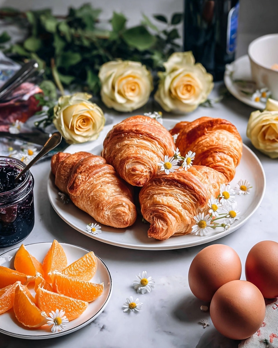 The image shows a white plate holding five golden brown croissants stacked closely together with a soft, flaky texture visible. Near the croissants, three pale yellow roses with green leaves lie on the plate, adding a natural touch. In front, a smaller white plate contains four bright orange slices arranged in a fan shape, decorated with small white daisy flowers scattered on and around the plate. To the left, there is a jar of dark blueberry jam with a silver spoon resting on it. On the right edge, part of a white plate holds two brown eggs, also decorated with small daisies. The whole scene is set on a white marbled surface with a dark bottle and green leaves blurred in the background. photo taken with an iphone --ar 4:5 --v 7
