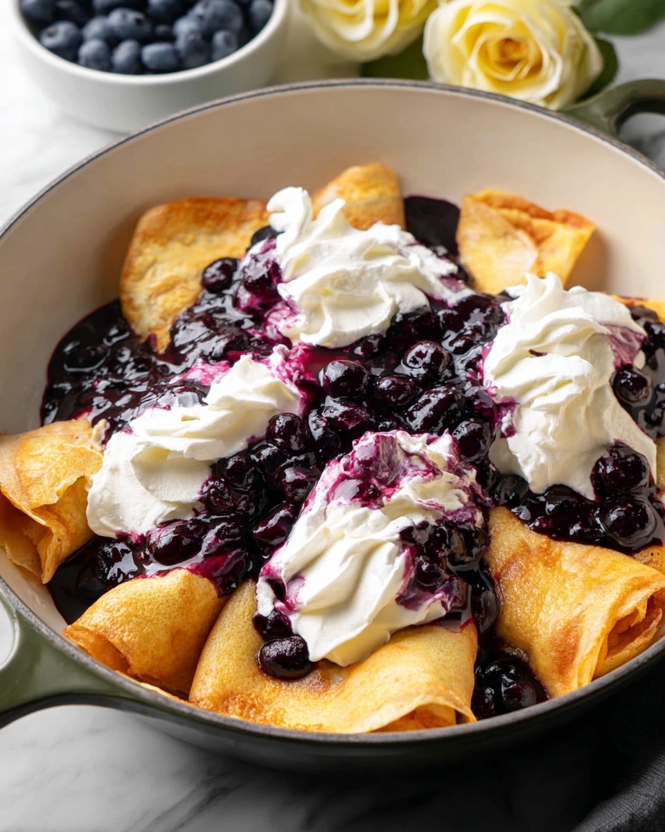 This image shows a white pot filled with five large folded golden crepes. The crepes have a soft, slightly spongy texture. On top, there are thick swirls of white whipped cream mixed with a dark purple blueberry sauce that is glossy and chunky with whole blueberries, spread unevenly over the crepes. The pot sits on a white marbled surface, and in the background, there is a white bowl with blueberries and a pale yellow rose. Photo taken with an iphone --ar 4:5 --v 7
