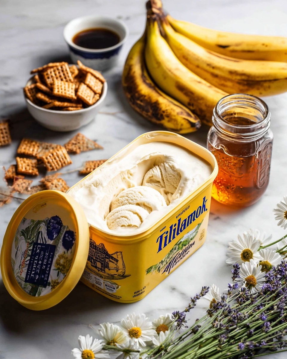 A yellow tub of Tillamook old-fashioned vanilla ice cream is open with the lid tilted on the side, showing the creamy white ice cream inside. Behind it, there are ripe bananas with brown spots resting on a white marbled surface. To the left, a small white bowl holds crunchy brown square pretzels. In front of the ice cream tub, a glass jar is filled with golden honey, with text on the jar's surface. On the right side, a white plate holds green lavender sprigs and a small white cup with dark vanilla syrup inside. Small white daisy flowers are scattered across the white marbled surface. Photo taken with an iphone --ar 4:5 --v 7