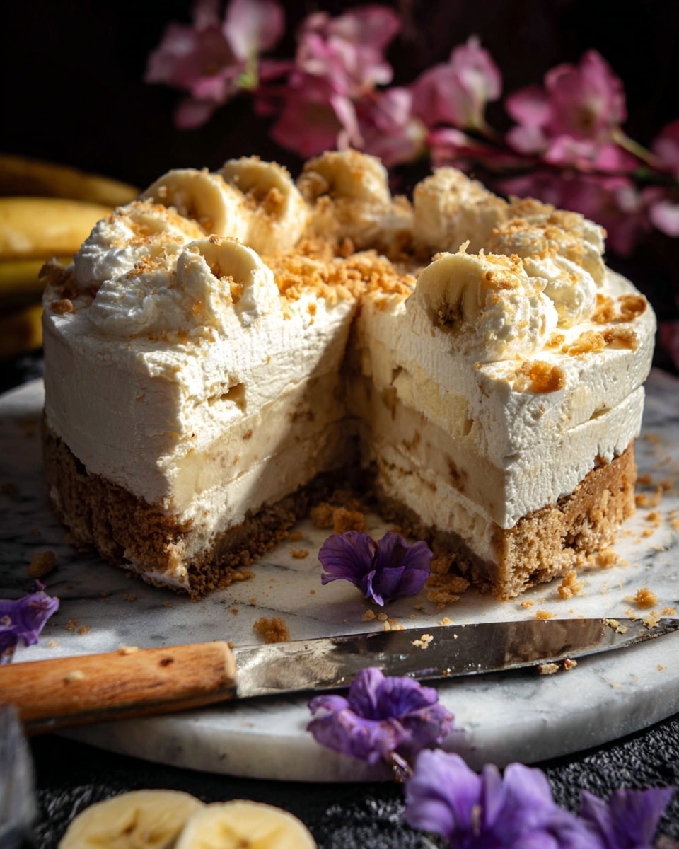 The image shows a round cake with three visible layers on a white marbled surface. The bottom layer is light brown with a crumbly texture, topped by a thick creamy white layer. Above that is a dense, pale beige middle layer, followed by a thick layer of whipped cream with small pieces of banana inside. The top is covered with white whipped cream and sprinkled with golden brown crumbs. A slice is cut out, revealing the layers clearly, and a purple flower rests near the slice. Nearby is a slice of banana and part of a knife with a wooden handle is visible. The background is dark, with soft pink flowers in the distance. Photo taken with an iphone --ar 4:5 --v 7