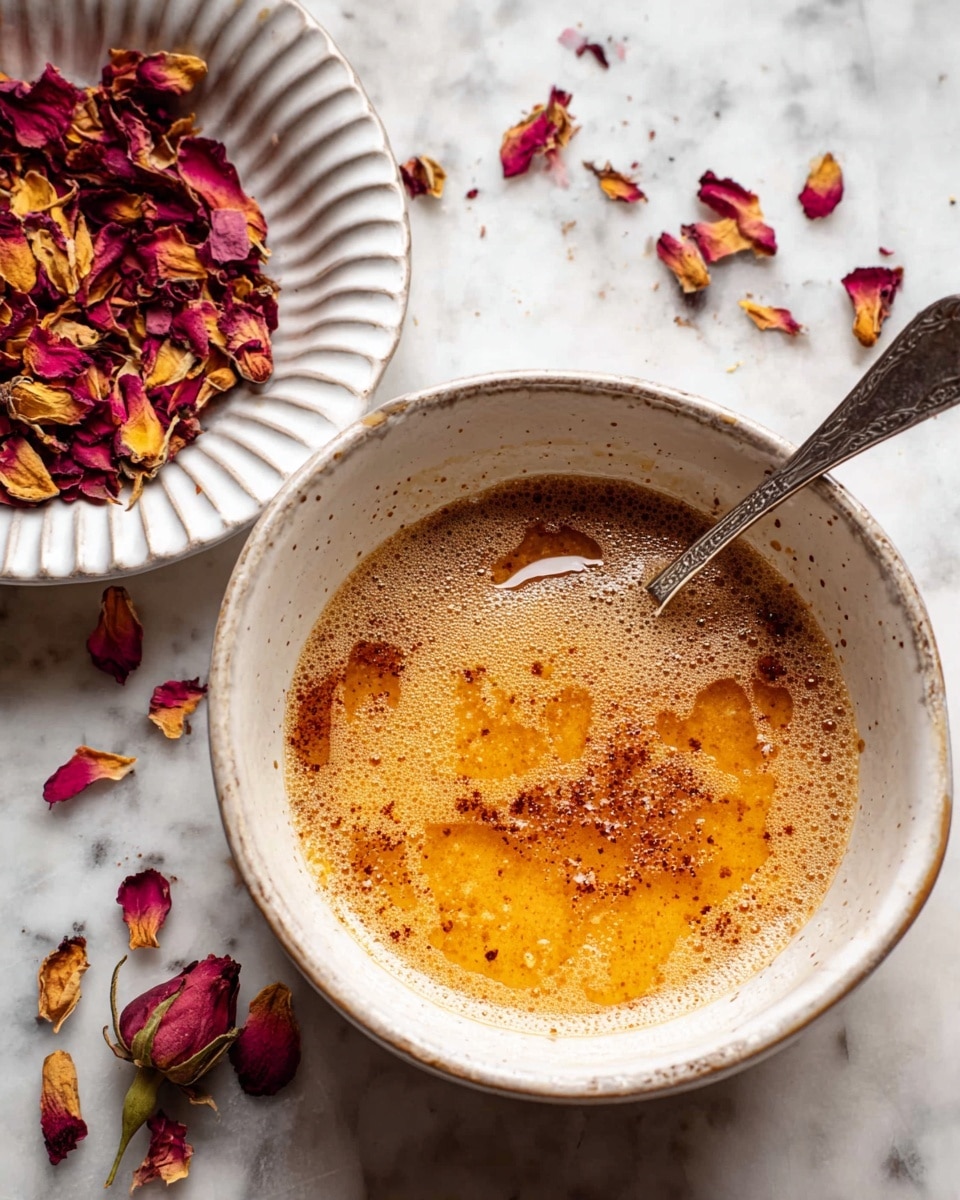A round white bowl filled with a warm golden brown liquid that has a thin frothy layer on top, with small darker brown specks spread unevenly across the surface. A silver spoon rests inside the bowl, partially submerged in the liquid, reflecting light softly. To the left, there is a white ridged dish containing scattered dried red and yellow rose petals, with some petals also scattered on a white marbled surface around the bowl. The scene is well-lit, showing a cozy and rustic atmosphere. photo taken with an iphone --ar 4:5 --v 7