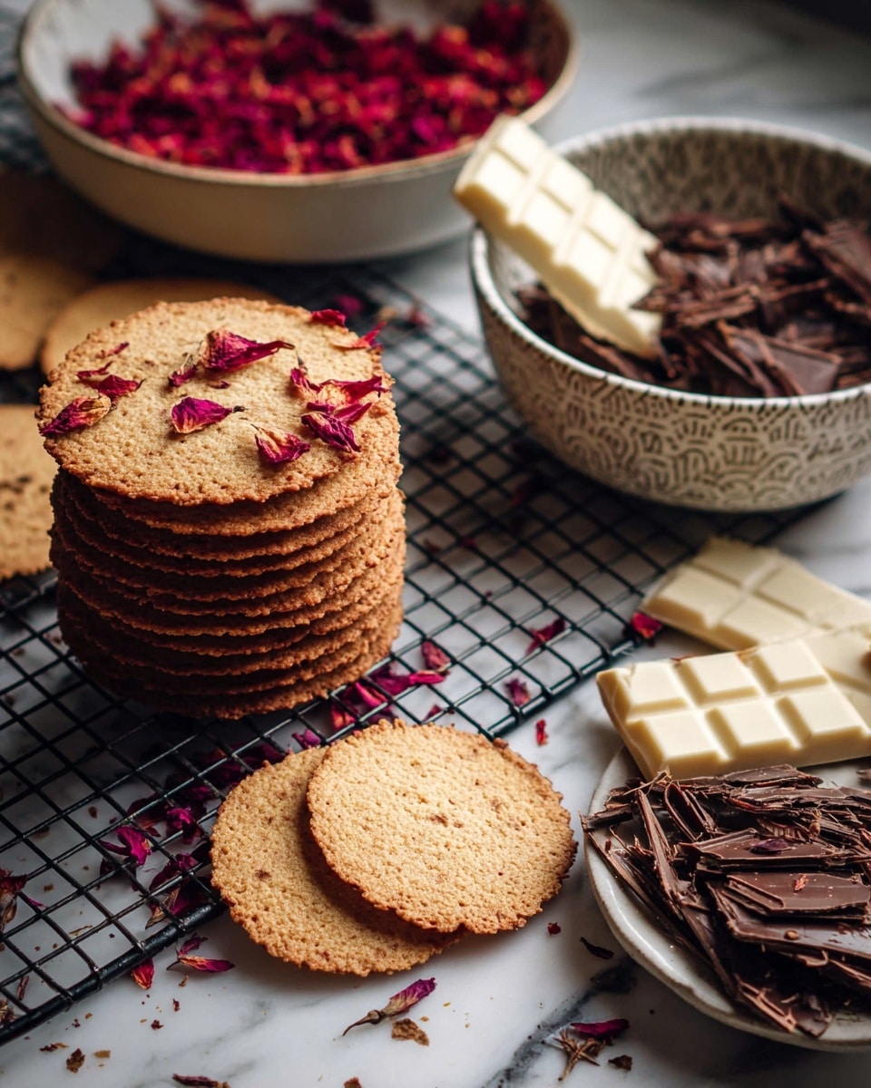 A stack of golden-brown thin cookies with a slightly crispy texture is placed on a black cooling rack over white marbled surface, with a few red dried flower petals scattered on top and around. Next to the stack, several flat cookies are laid out separately. To the right, a white bowl with a circular pattern holds pieces of dark chocolate shards mixed with more red dried flower petals, topped with a bar of white chocolate resting diagonally on the bowl’s edge. In the background, a white bowl filled with more red dried flower petals adds a splash of color. photo taken with an iphone --ar 4:5 --v 7