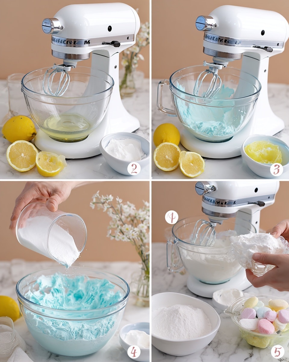 The image shows five steps of making a light blue whipped mixture. In step one, a woman's hand pours a clear liquid into a clear glass mixing bowl attached to a white stand mixer, placed on a white marbled surface with lemon slices nearby. Step two shows the white mixer running with the mixture frothy and turning light. Step three features the mixer’s whisk attachment covered in thick, white whipped cream held by a woman's hand above the bowl. Step four has a woman's hand pouring a clear liquid from a small white bowl into another clear glass bowl filled with white powder to start mixing the blue color. Step five shows a woman's hand stirring the now light blue fluffy mixture in the clear glass bowl, with sugar and pastel candies in white bowls set beside it, against a soft background with small flowers photo taken with an iphone --ar 4:5 --v 7