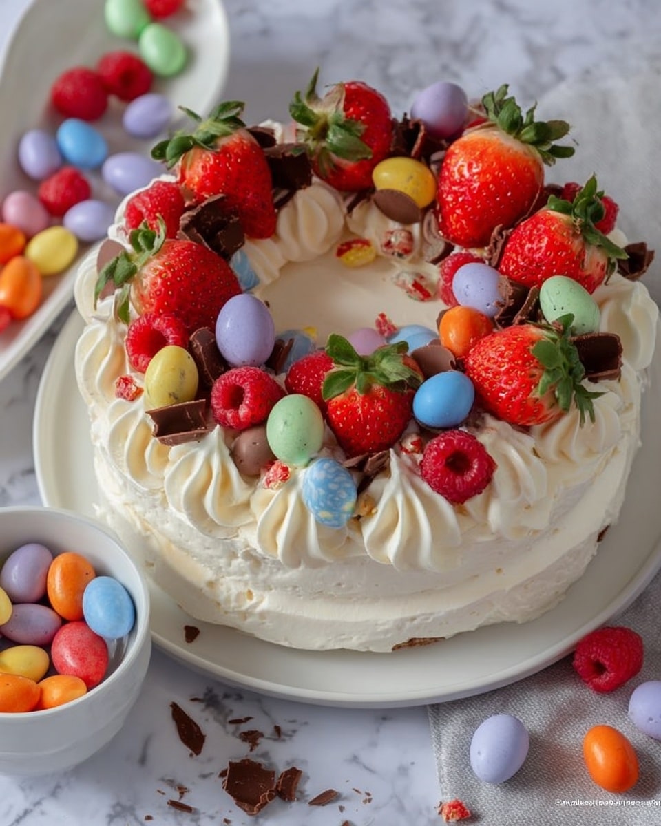 A round cake with a white base layer is topped with a thick layer of smooth white frosting shaped into large swirls around the edge. On top of the swirls are fresh red strawberries with green leaves, bright red raspberries, and colorful candy-coated chocolate eggs in pastel shades of purple, blue, yellow, red, orange, and green. Small chocolate curls and broken chocolate pieces are scattered among the fruit and candies, adding texture. The cake is placed on a white plate sitting on a white marbled surface, with a white bowl filled with similar colorful candy eggs nearby. Photo taken with an iphone --ar 4:5 --v 7