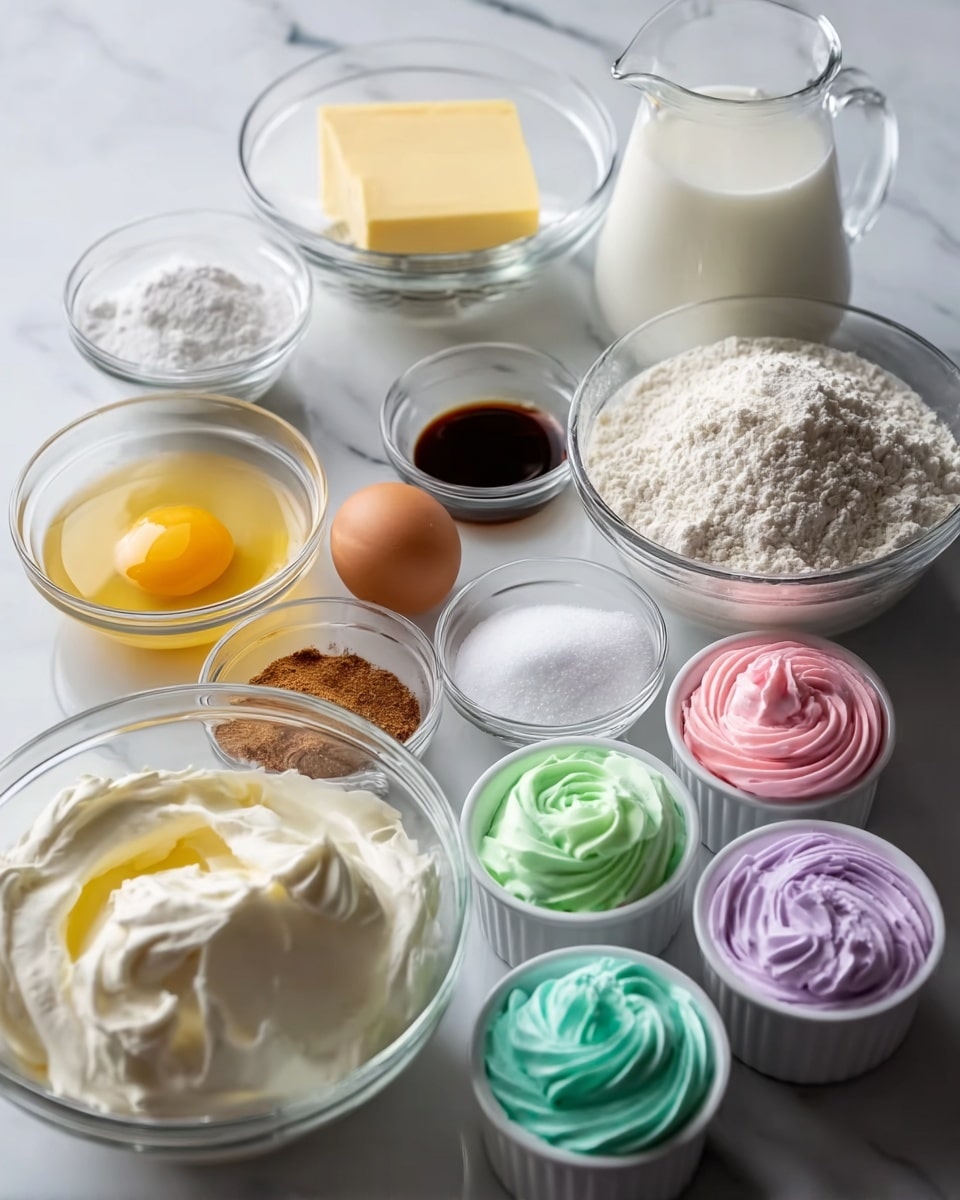 The image shows a variety of baking ingredients arranged in clear glass bowls and white ramekins on a white marbled surface. There are two eggs in a small bowl with a yellow yolk and translucent white, a square piece of pale yellow butter, a large bowl filled with white flour, a bowl of white granulated sugar, and a small bowl of dark vanilla extract. Other bowls contain white powdered sugar, a small amount of brown cinnamon powder, and a small amount of white salt. There is also a glass jug of white milk, a bowl of white whipped cream with a smooth, swirled texture, and three small white ramekins filled with pastel-colored frosting in pink, green, and purple. photo taken with an iphone --ar 4:5 --v 7
