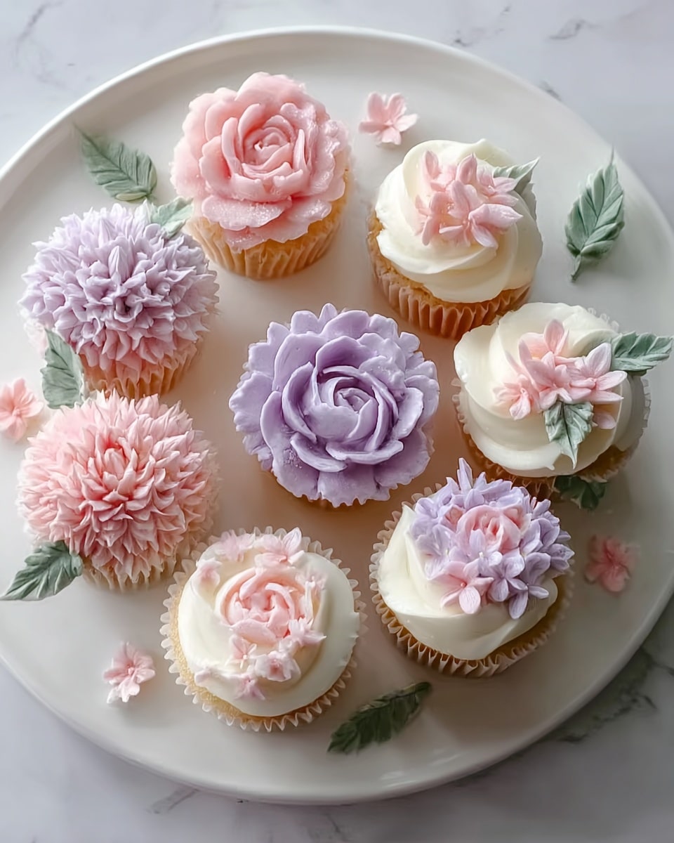 A white plate holds seven cupcakes decorated with delicate floral frosting. Each cupcake has one main flower on top, colored soft pink, purple, or white with light pink accents. The flowers are detailed with many layers of smooth and ruffled petals creating a full bloom look. The frosting petals are soft and creamy with gentle curves, sitting above the cupcake tops. Small edible flower decorations and green leaves surround the cupcakes on the plate. The surface below is a white marbled texture. photo taken with an iphone --ar 4:5 --v 7