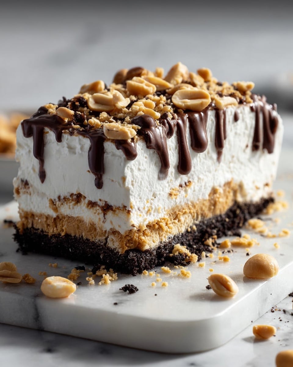A square slice of dessert sits on a white marbled surface, showing four clear layers from bottom to top: a dark, crumbly chocolate base, a thick layer of white cream with a soft texture, a thin golden peanut butter layer mixed with crumbs, and a fluffy white cream top. The top is decorated with a drizzle of dark chocolate sauce running down the sides and scattered light brown whole and chopped peanuts. Some crumbs and peanuts are also lying around the slice on the white marbled surface. The lighting highlights the creamy texture and rich colors clearly, photo taken with an iphone --ar 4:5 --v 7